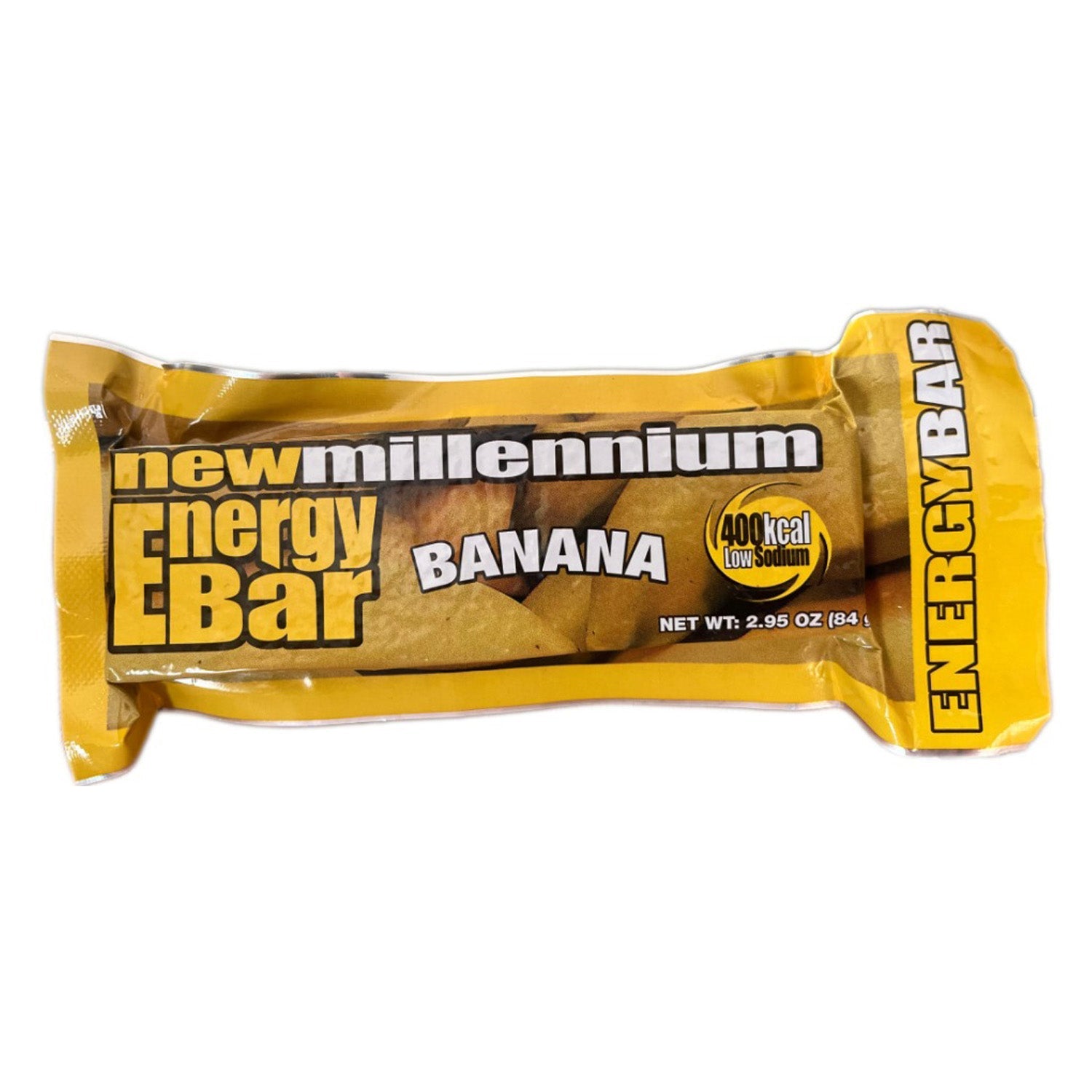 Banana-flavored Millennium Energy Bar with 400 calories, ideal for quick energy, from Quakekits Food and Water collection.