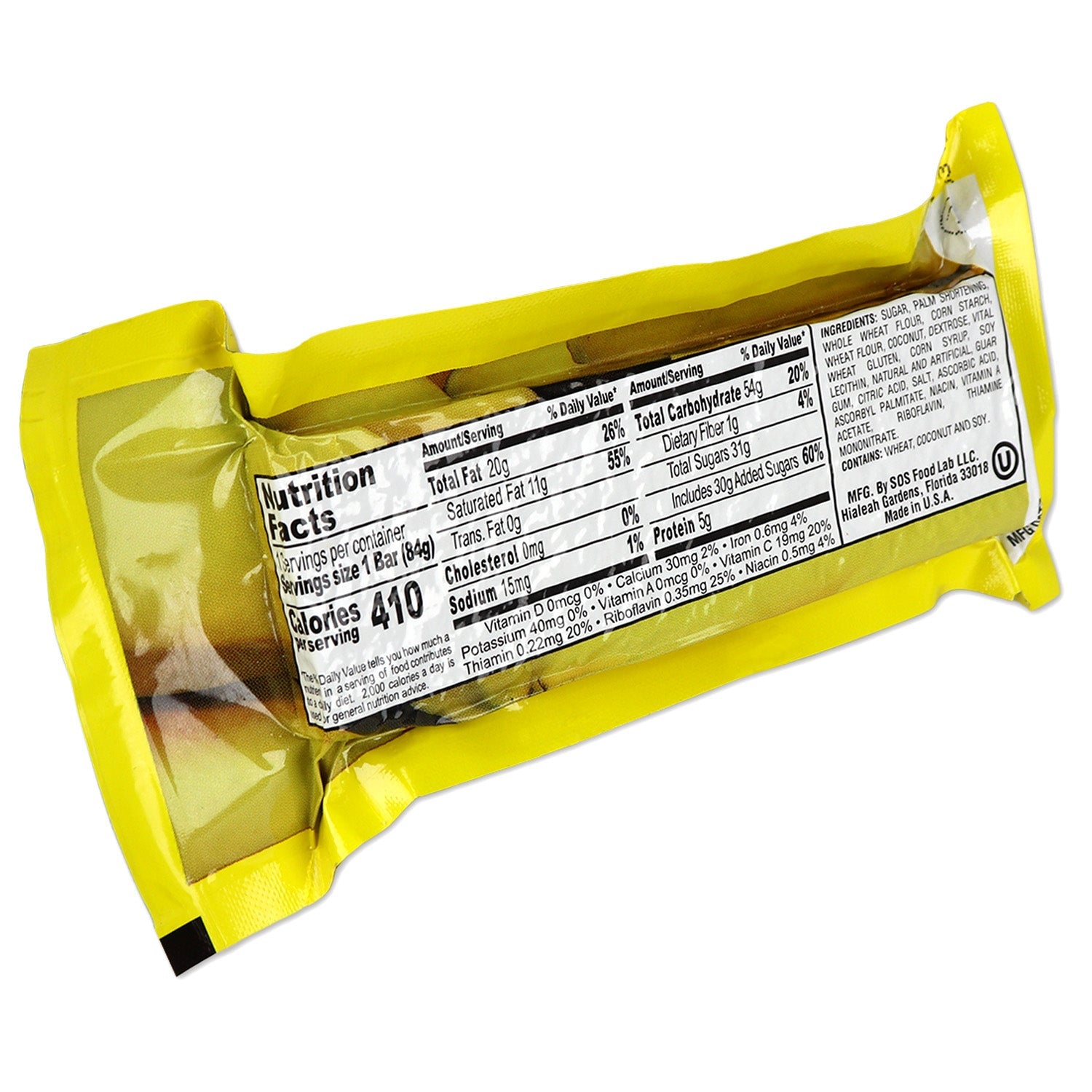 Banana-flavored Millennium Energy Bar from QuakeKits, 400 calories, with food and water supplies, ready for outdoor adventures.