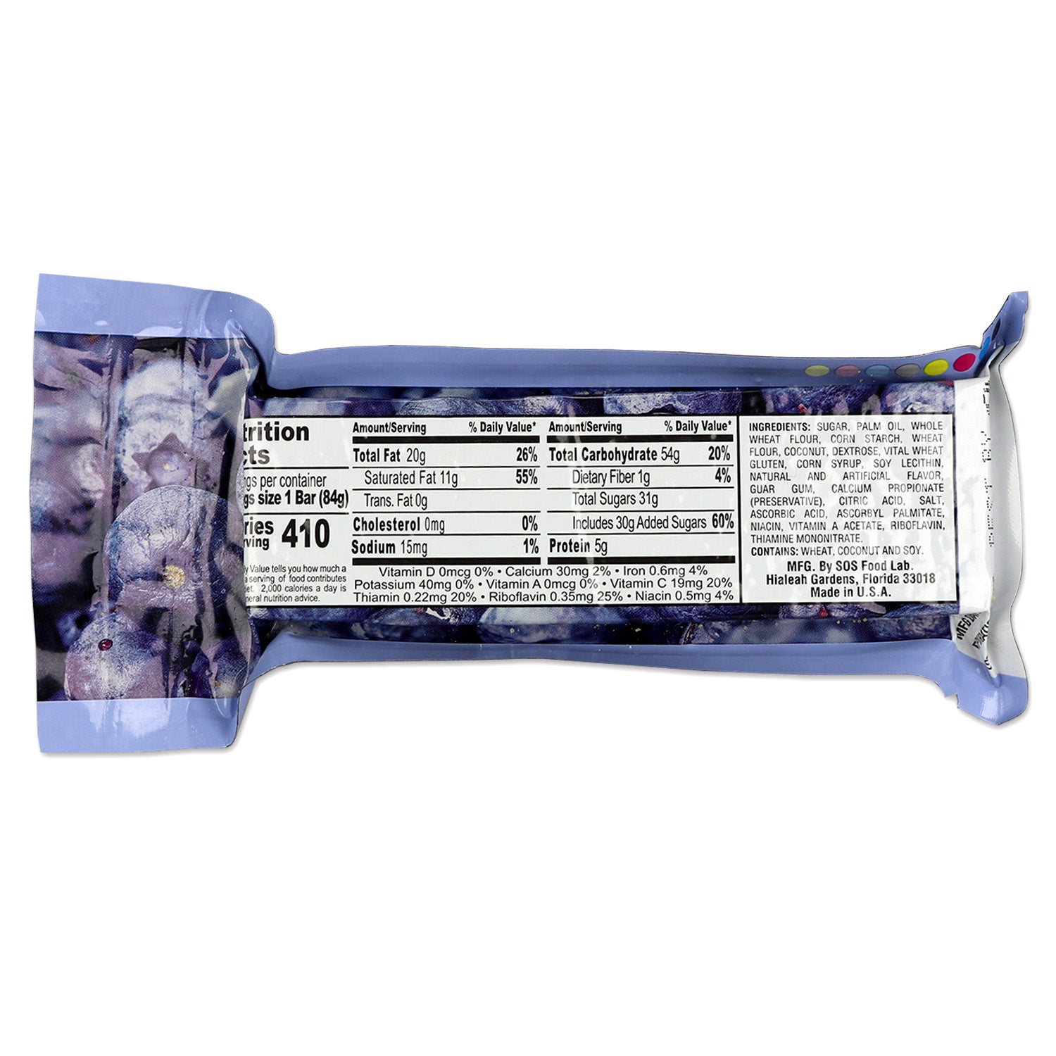 Blueberry Millennium Energy Bar from Quakekits.com, a nutritious food and water supply for outdoor and emergency use.