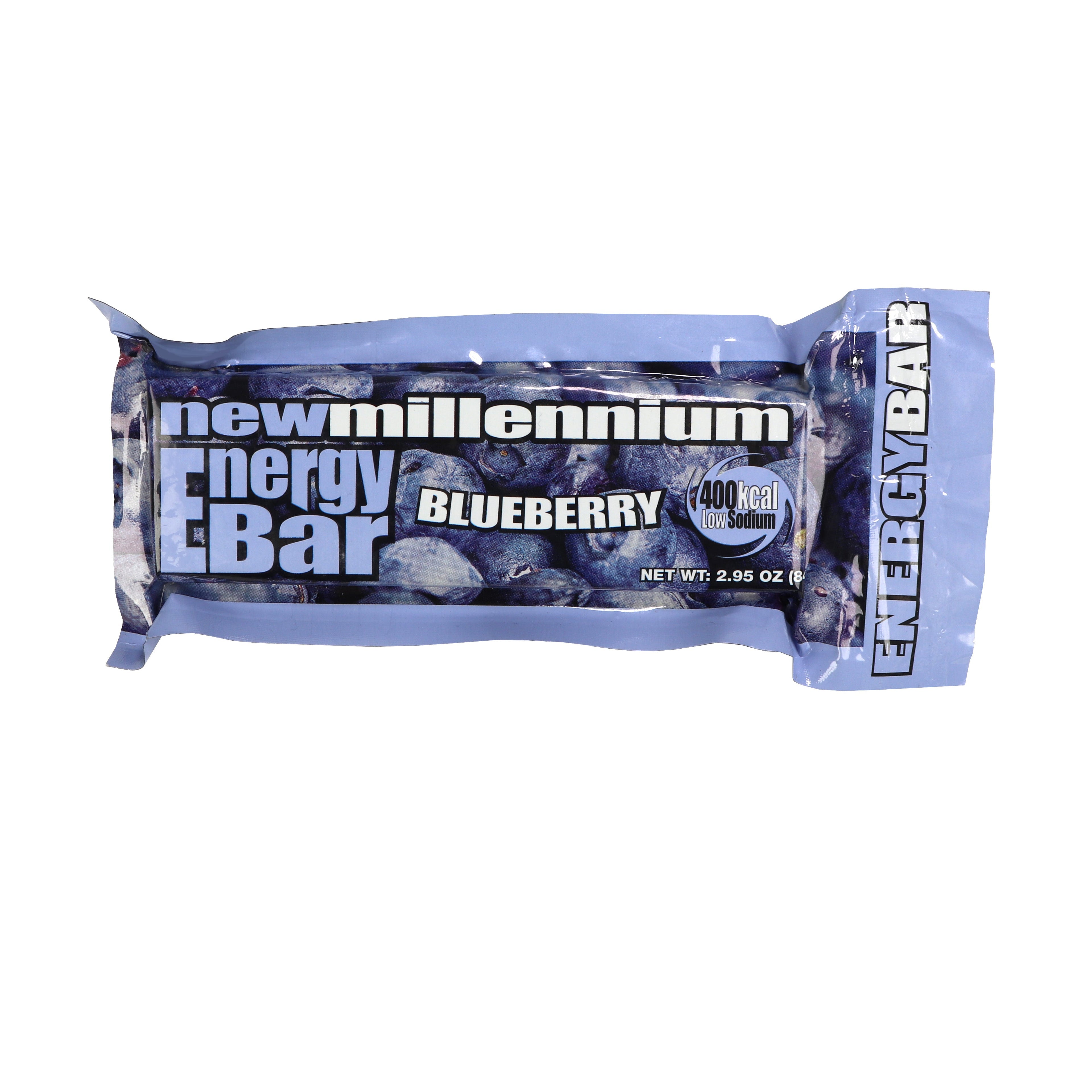 Blueberry Millennium Energy Bar from QuakeKits.com, a nutritious food and water item with blue packaging and energy-boosting ingredients.