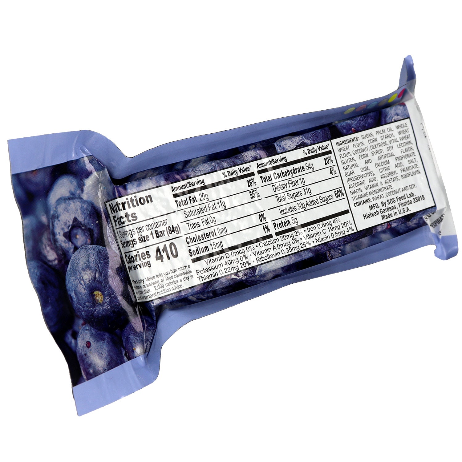 Blueberry Millennium Energy Bar from Quakekits.com, designed for food and water supplies, with blue packaging and energy-boosting content.