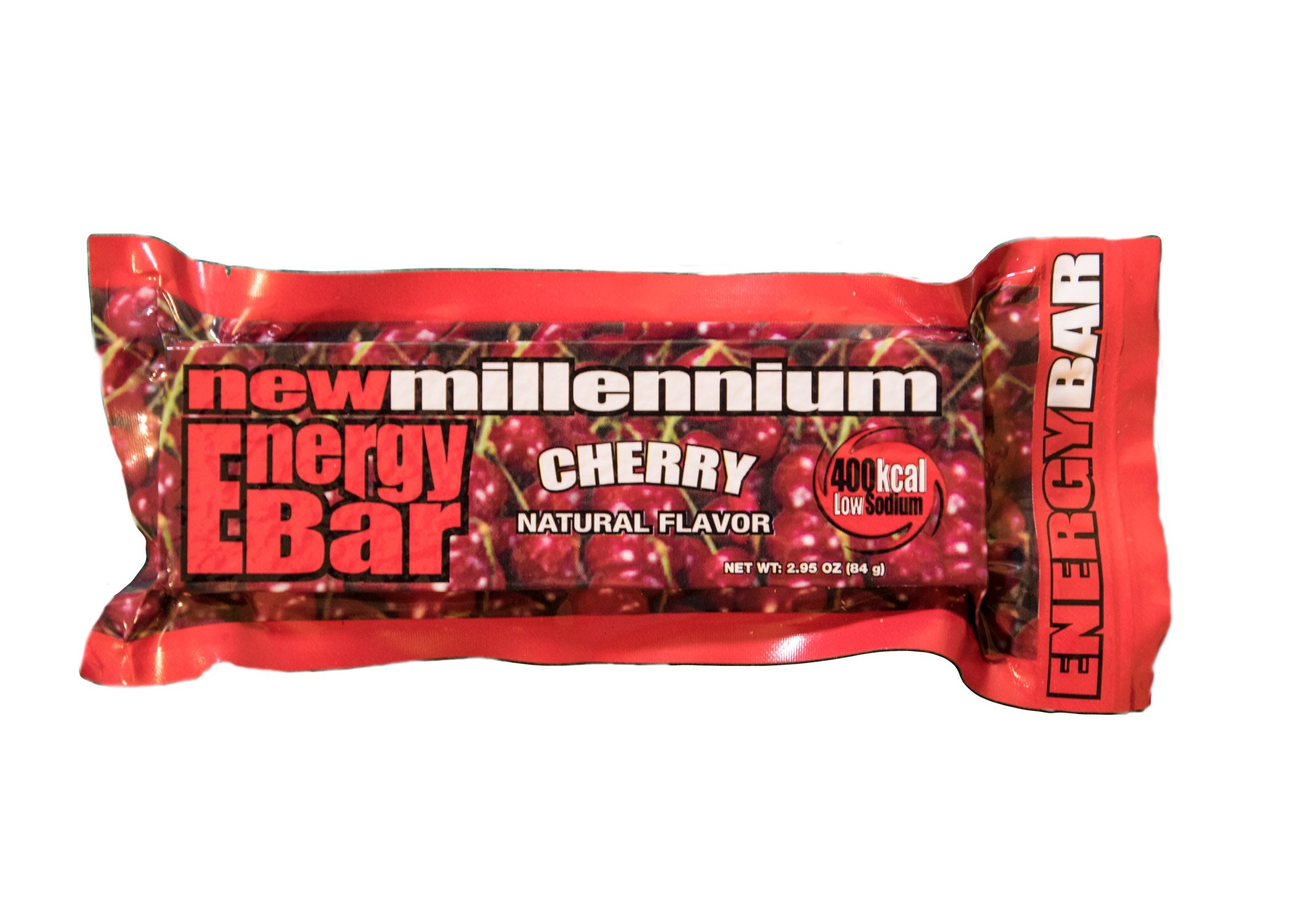 Millennium Energy Bar Cherry flavor from quakekits.com, showing a nutritious 4000-calorie food and water survival bar.