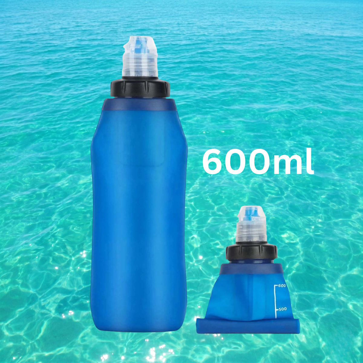 600 ml Collapsible Water Filter Bottle by HygieniSafe® for food and water purification, shown folded and expanded.