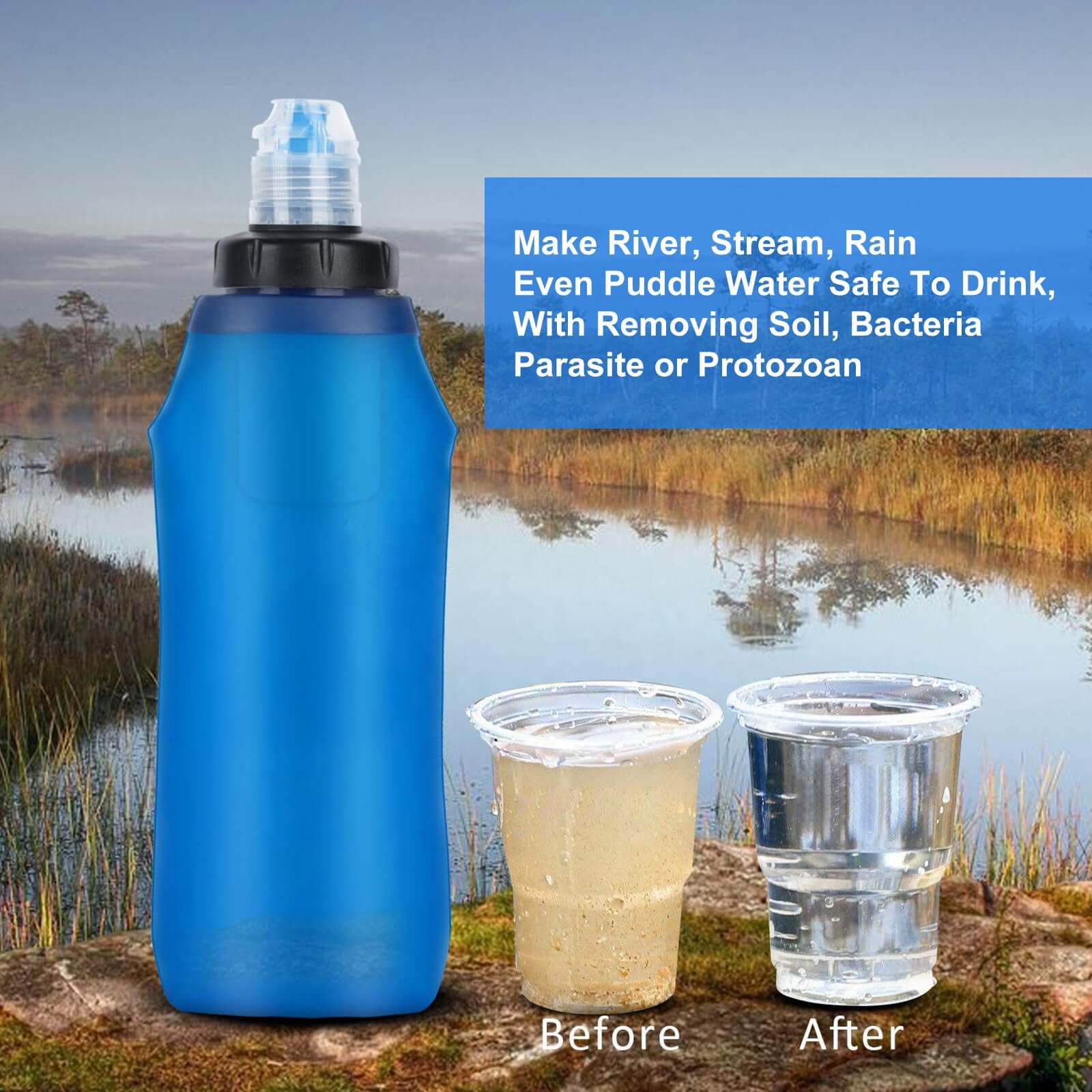 600ml Collapsible Water Filter Bottle by HygieniSafe® for food and water, featuring a compact, foldable design with filter system.