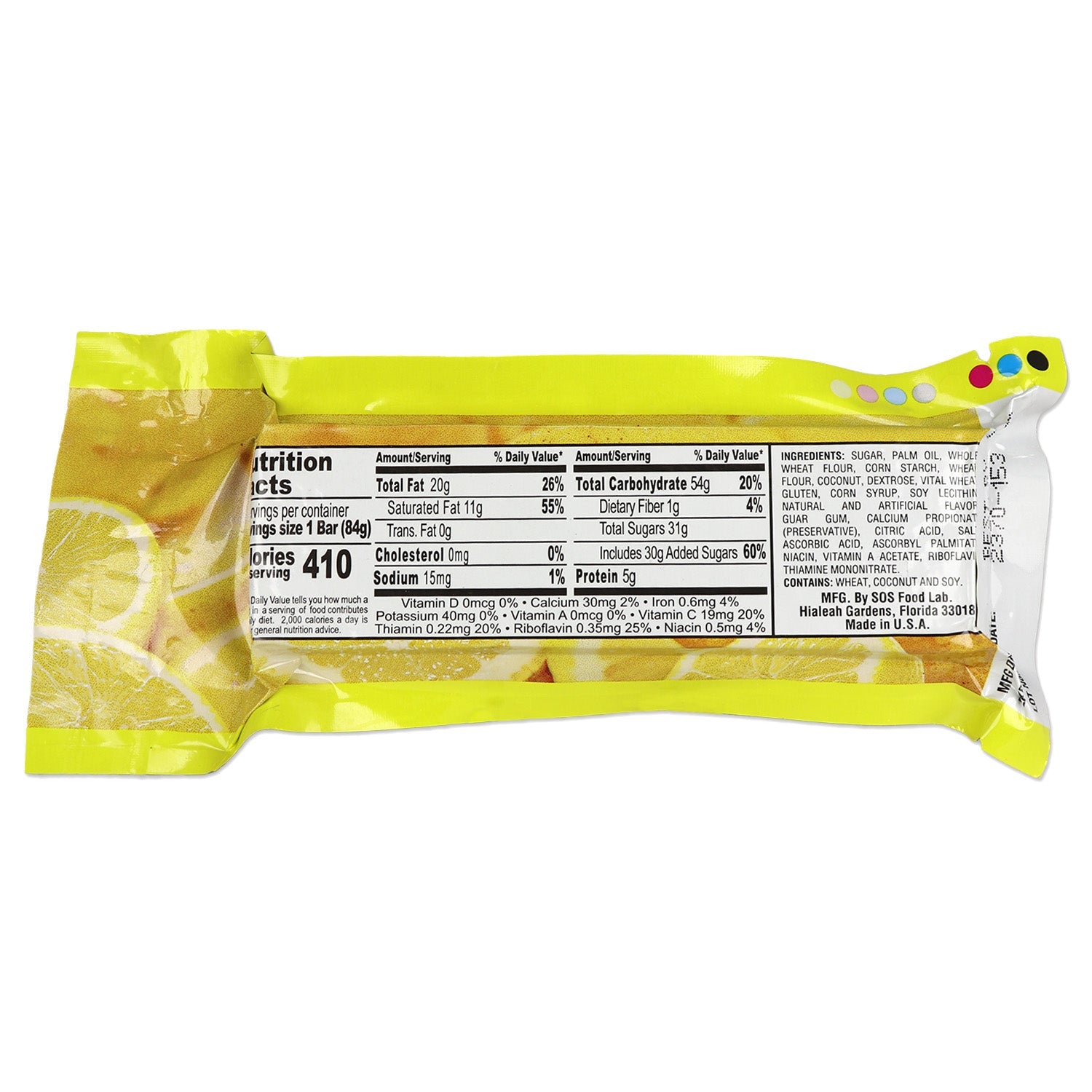 Lemon Millennium Energy Bar from Quakekits.com, a 400-calorie food and water energy bar with lemon flavor and packaging visible.