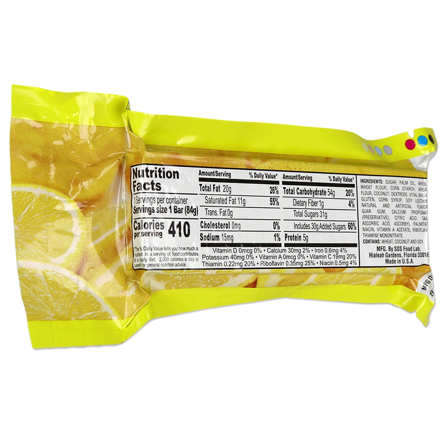 Lemon-flavored Millennium Energy Bar with 400 calories, designed for food and water needs, shown in the image.