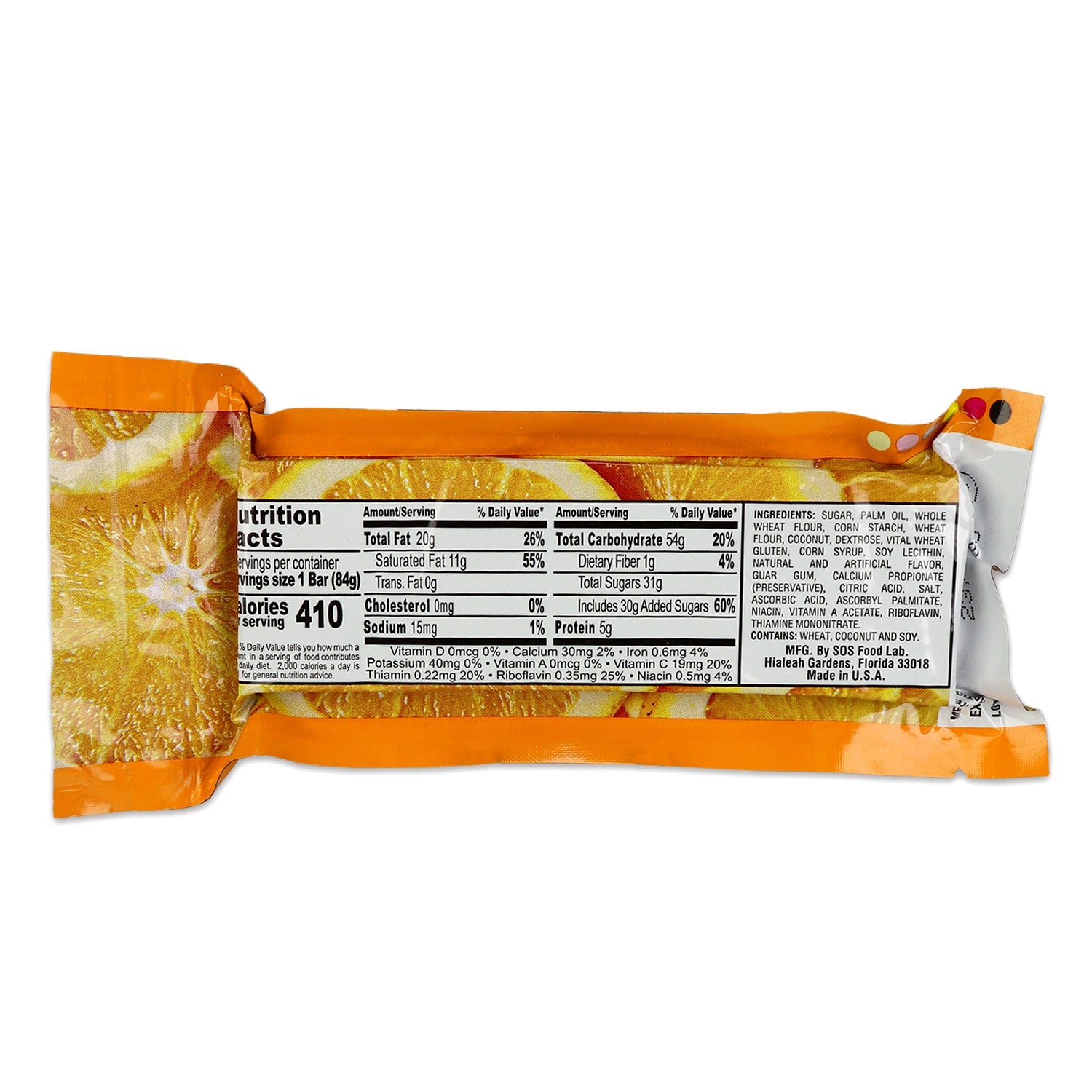 Orange Millennium Energy Bar from quakekits.com, a 400-calorie food and water supply, displayed in the image.