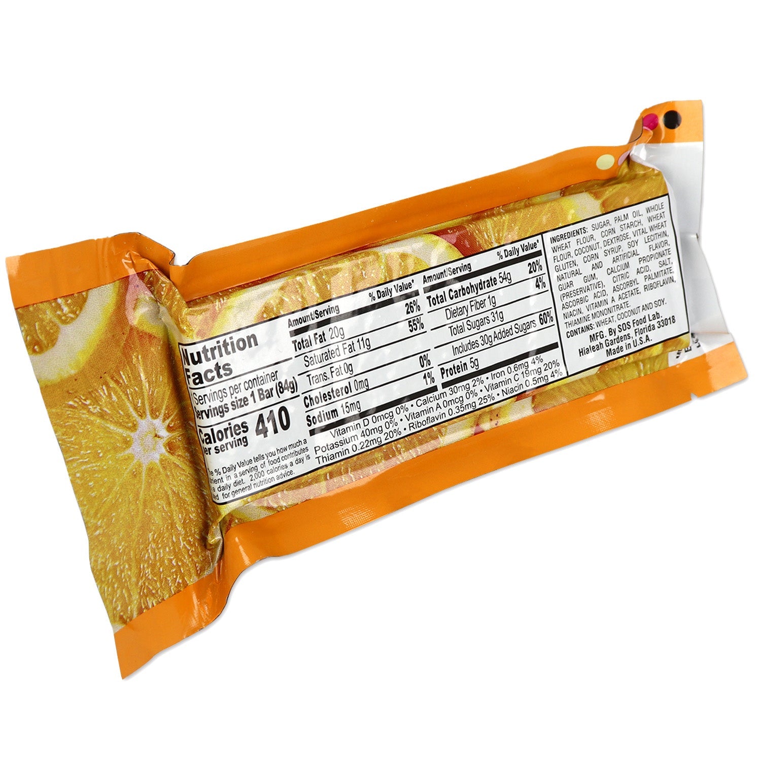 Millennium Energy Bar Orange by quakekits.com, showing the orange-flavored energy bar with 400 calories on a food and water package.