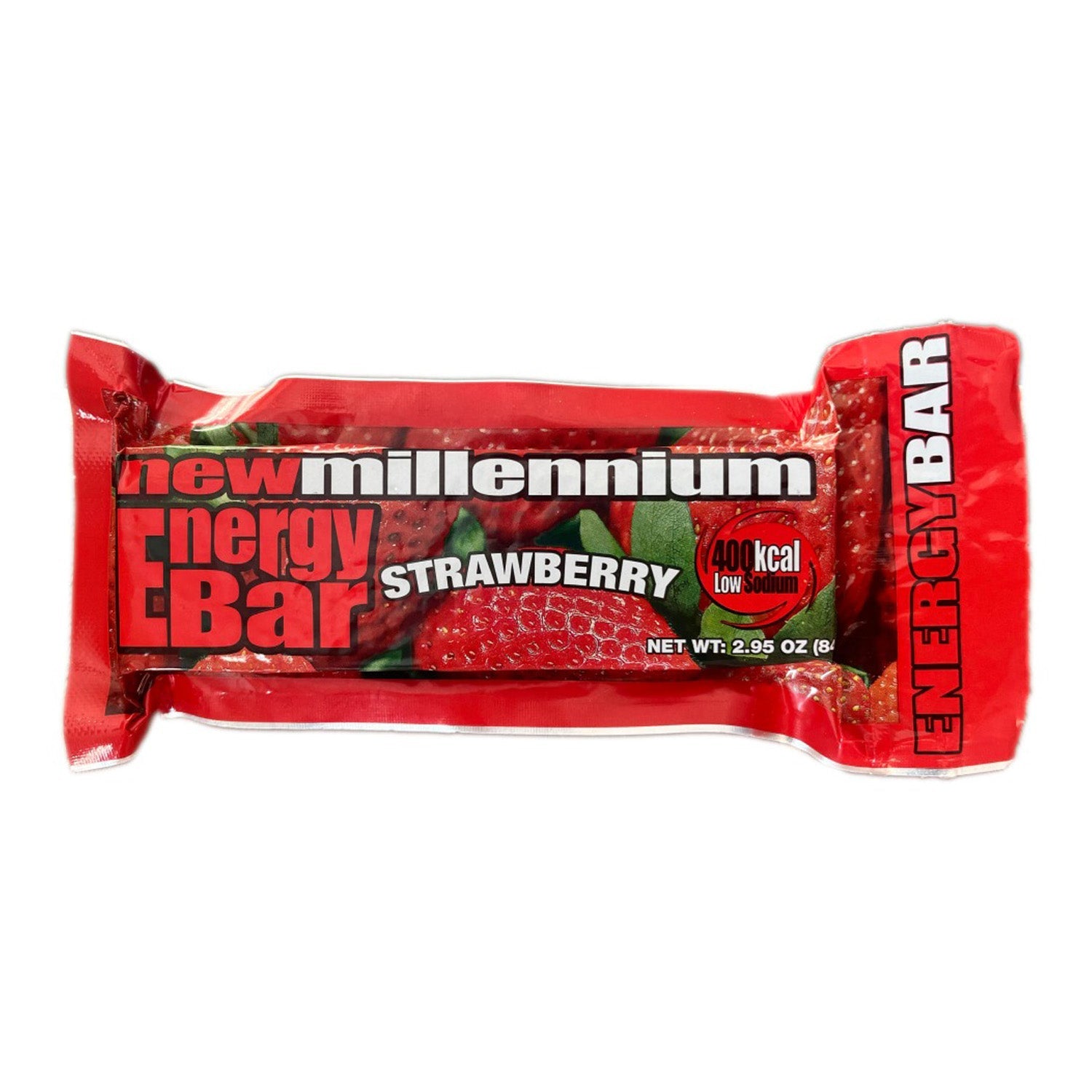 Strawberry Millennium Energy Bar by Quakekits, featuring 400 calories, packed with food and water for energy and hydration.