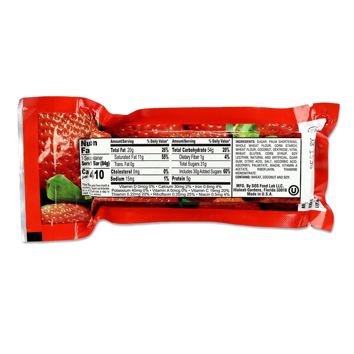 Strawberry Millennium Energy Bar by Quakekits, a 400-calorie food and water energy bar with fresh strawberry flavor.
