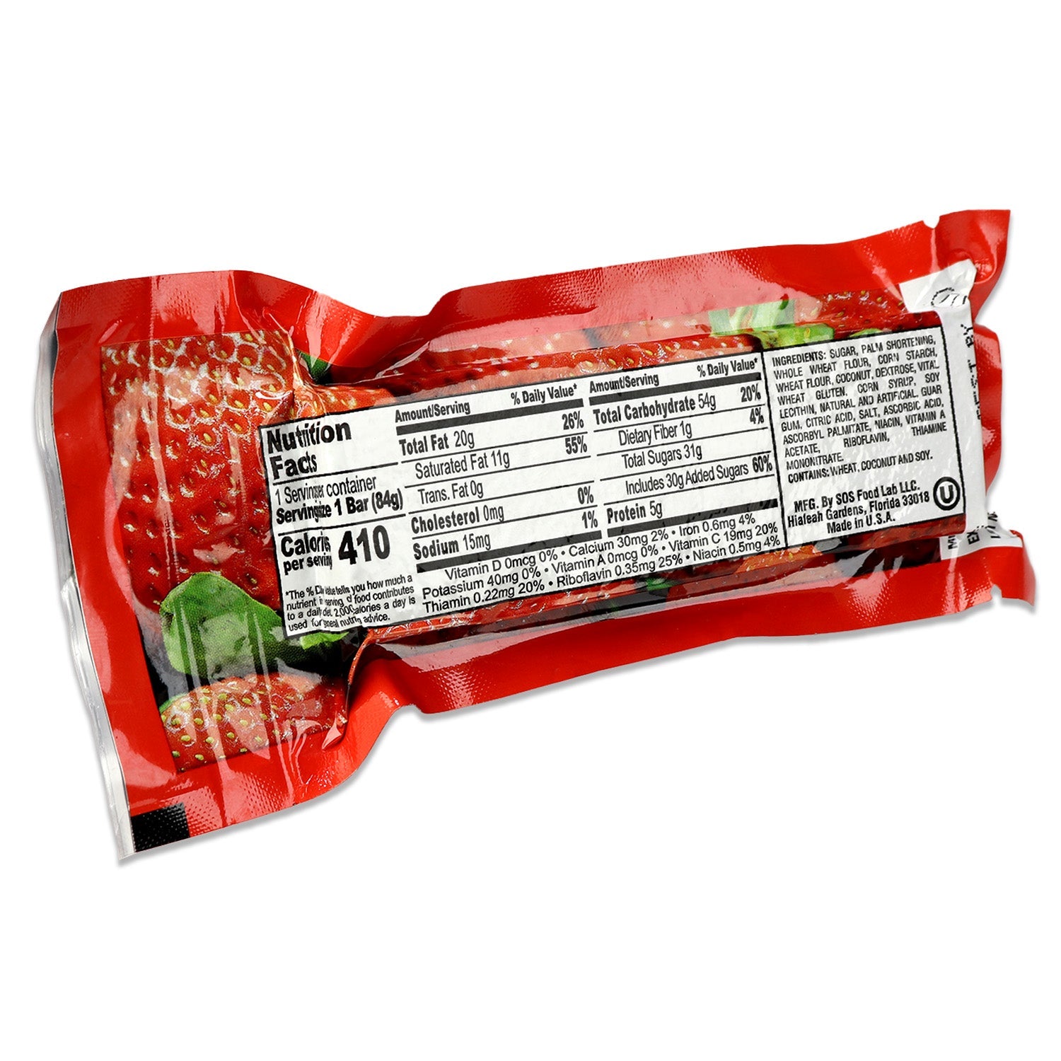 Strawberry Millennium Energy Bar from Quakekits, a high-calorie food and water supply product with 400 calories.