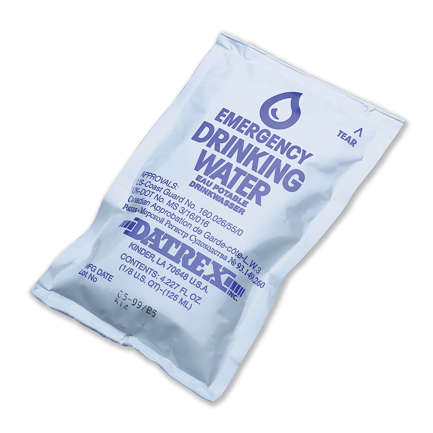 Six pack of water pouches from QuakeKits with long shelf life, ideal for emergency food and water storage.