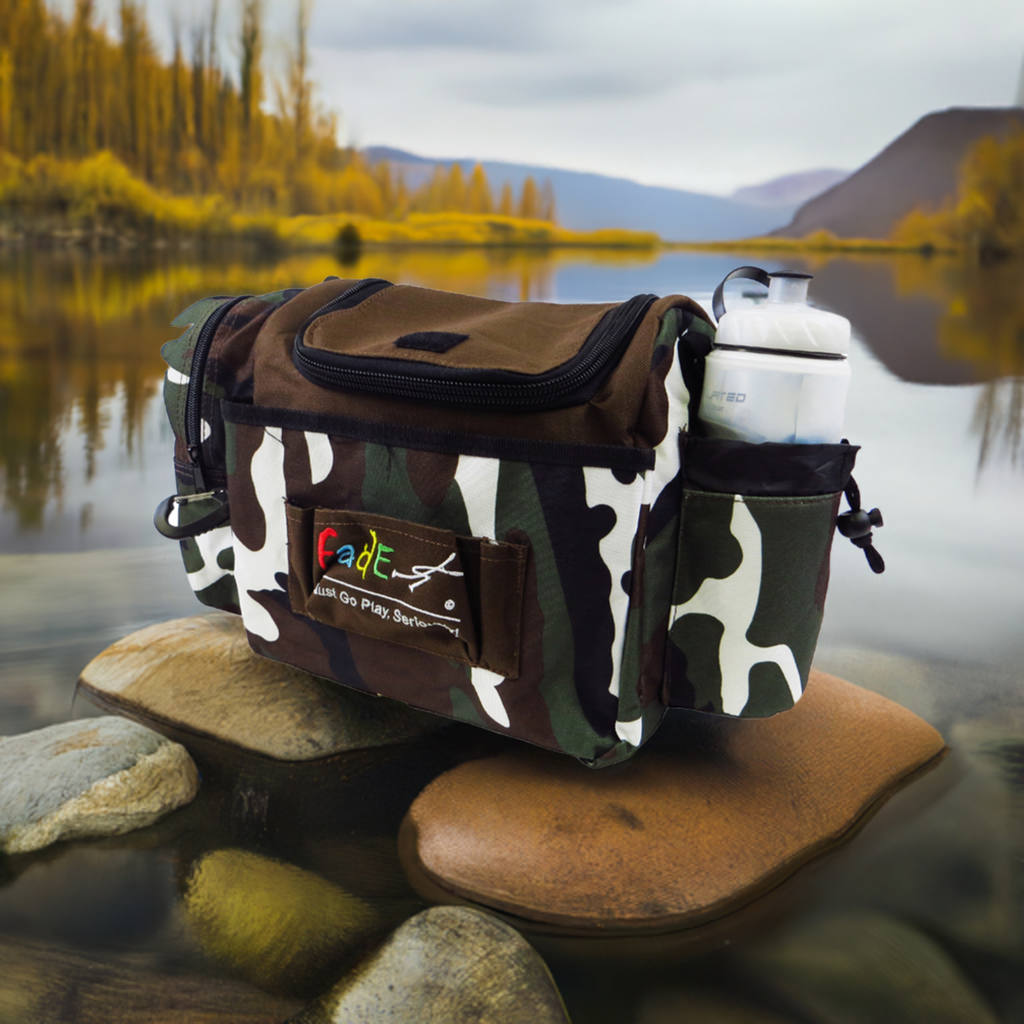 Lightning Golf Discs Fade Gear Crunch Box Disc Golf Bag in black, featuring spacious compartments for discs and accessories.