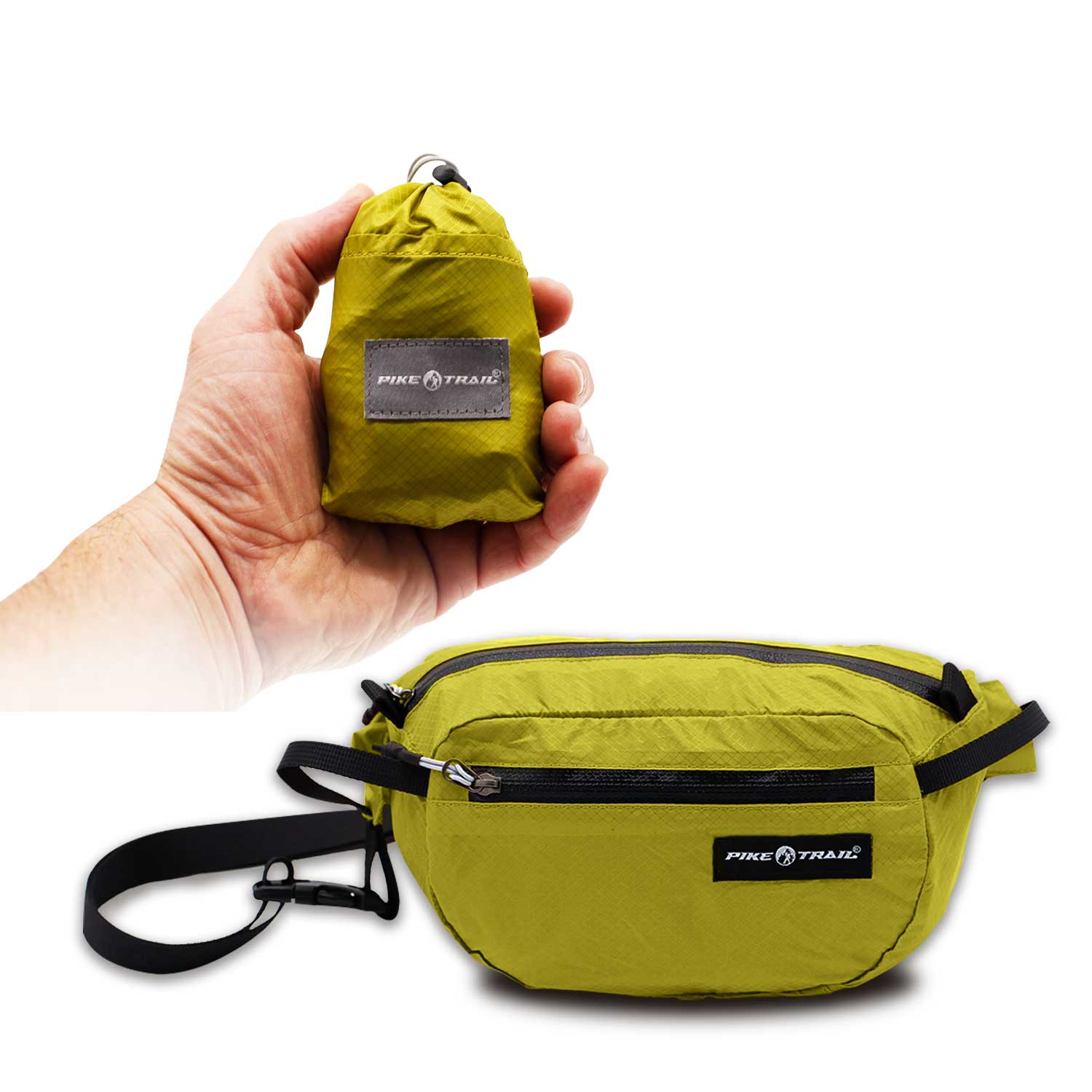 Green Pike Trail Fanny Pack with adjustable strap and multiple compartments, ideal for outdoor activities and hands-free storage.