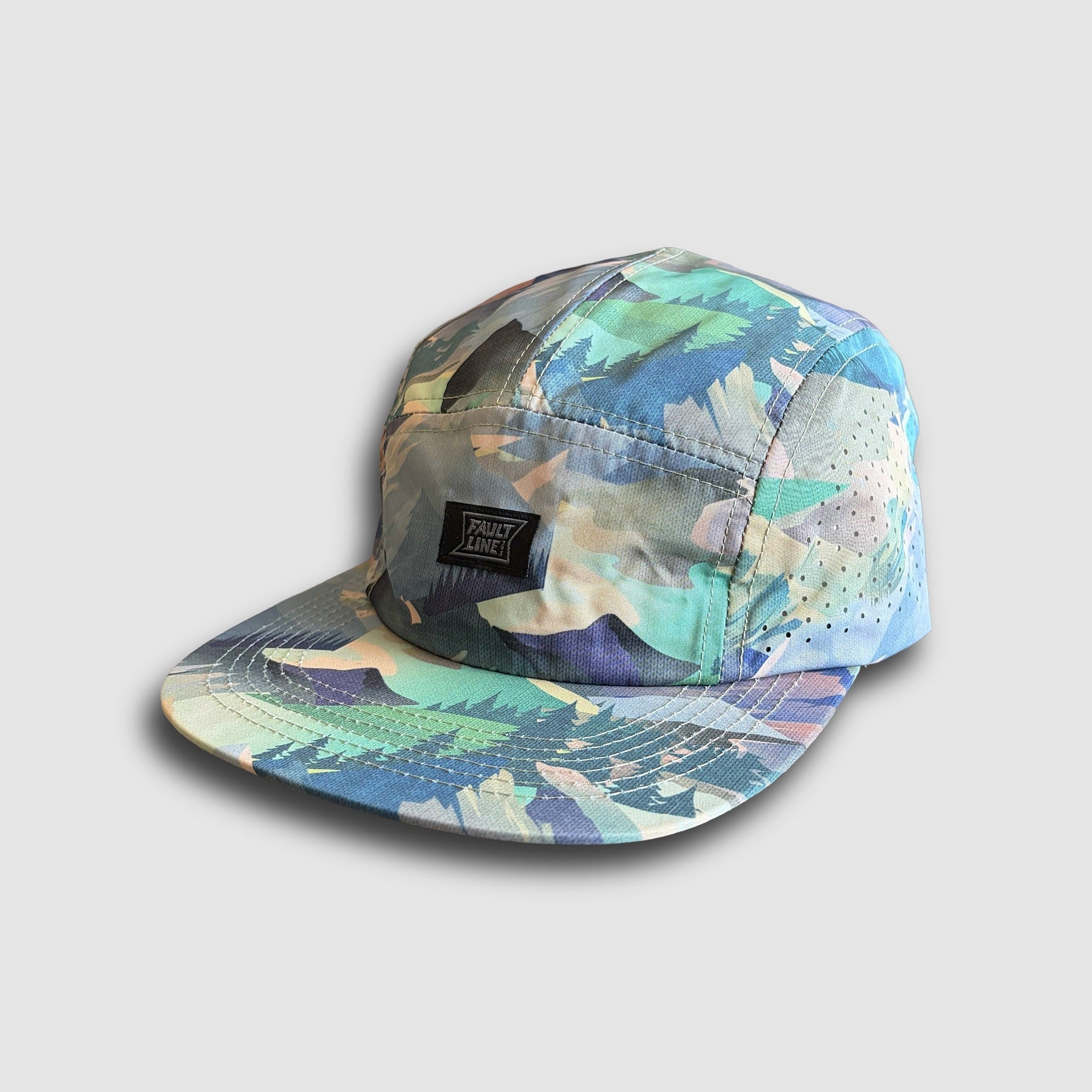 Faultline395 Bridgeport 5-panel camper hat with adjustable strap, crushable design, and outdoor style for casual wear.