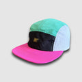 Seafoam and fuchsia crushable 5-panel camper hat by Faultline395, featuring breathable fabric and adjustable strap.