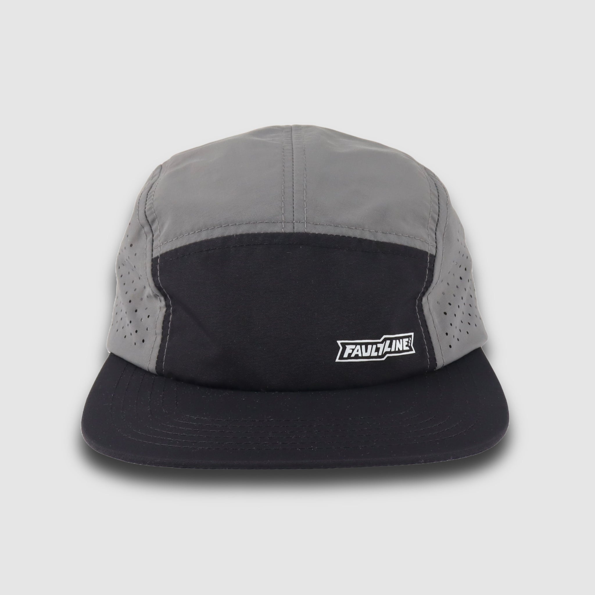 Faultline395 crushable 5-panel camper hat in black and gray with a flexible, foldable design for outdoor wear.