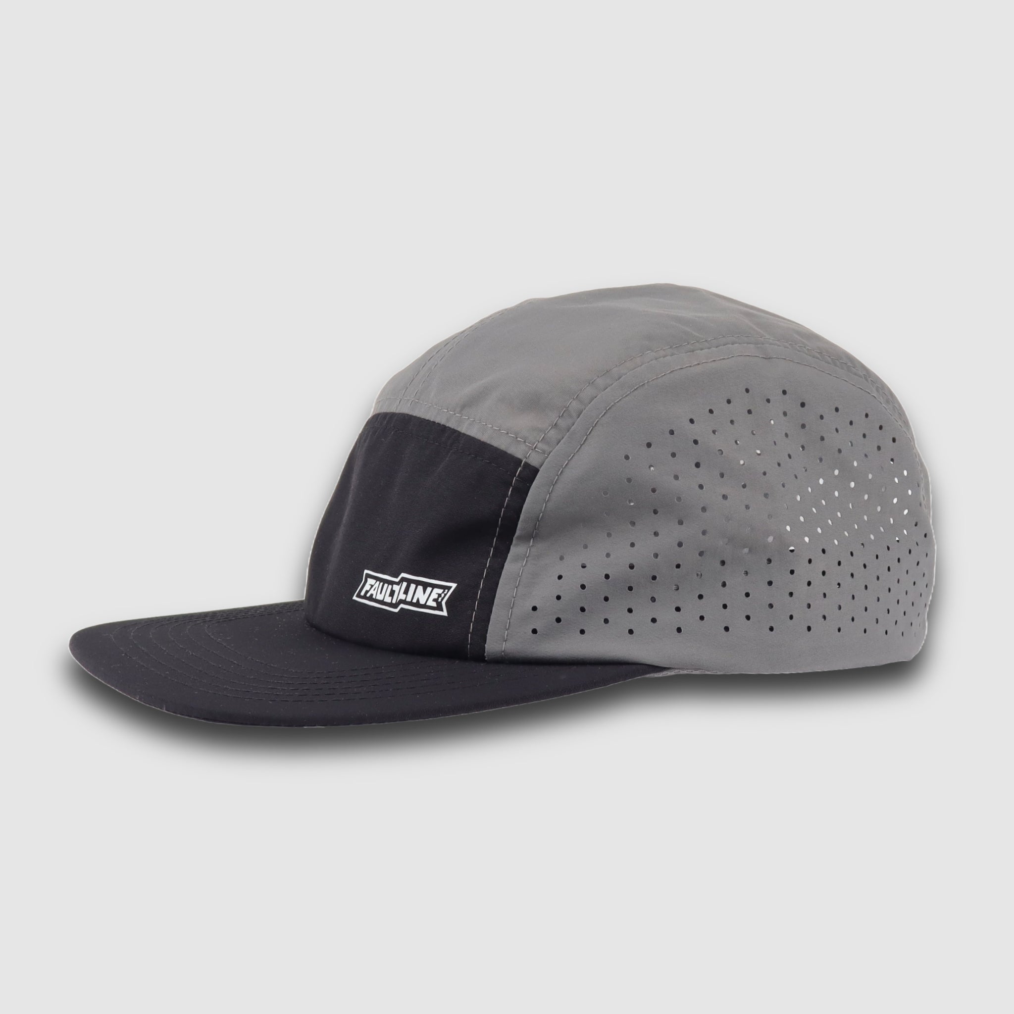 Black and grey crushable 5-panel camper hat by Faultline395, featuring a flexible brim and casual outdoor style.