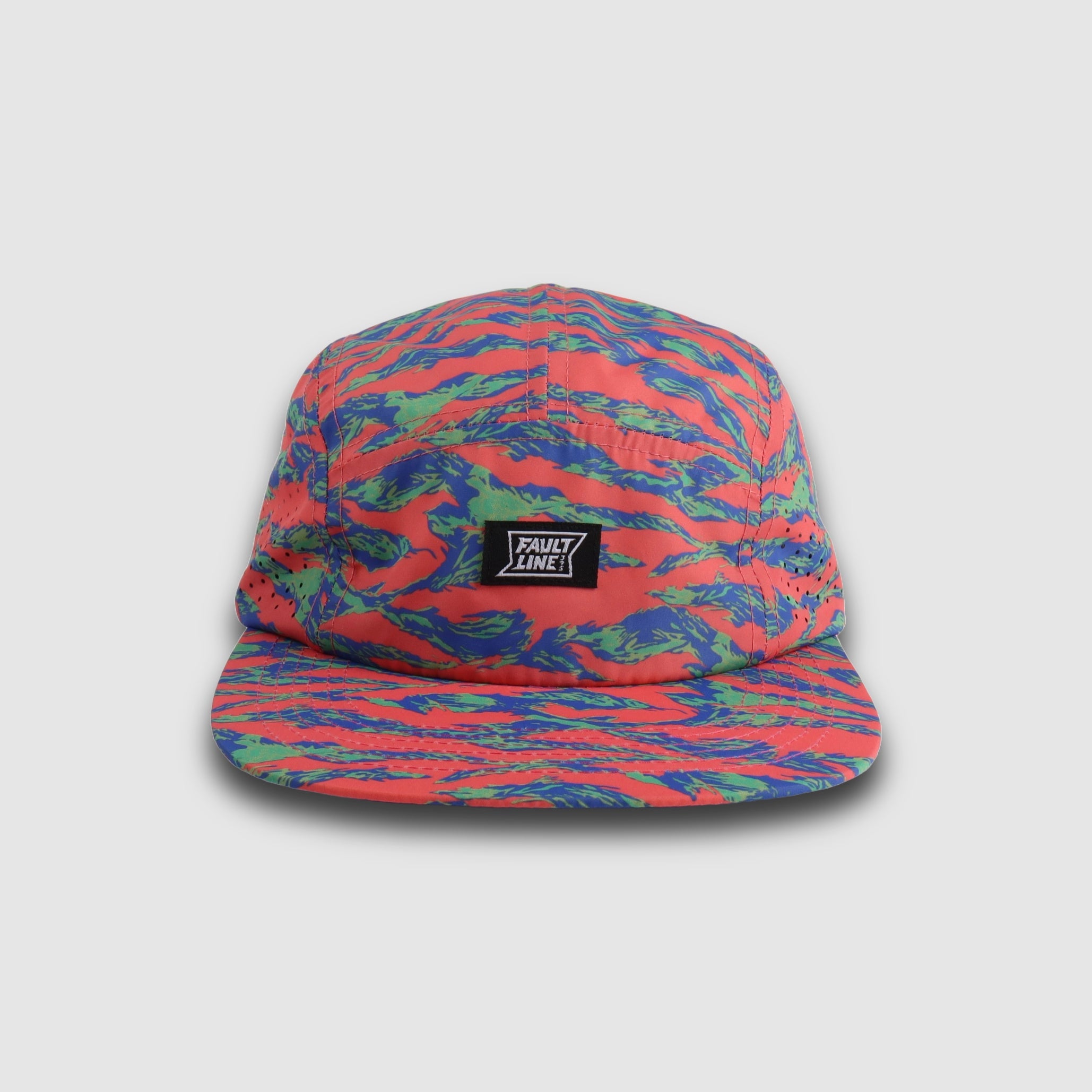 Pink tiger camo Bridgeport 5-panel camper hat by Faultline395 with a crushable, casual design and adjustable strap.