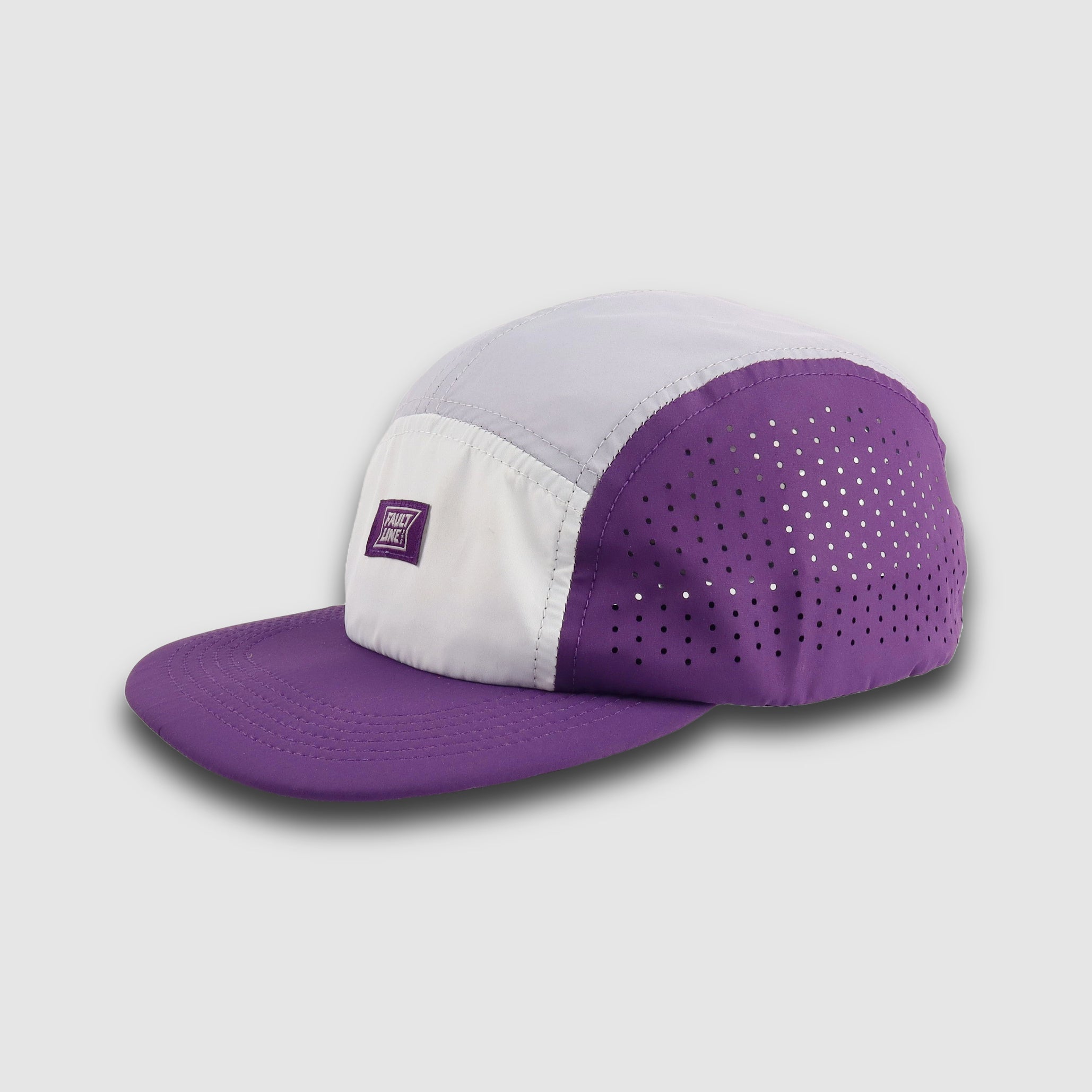 Faultline395 crushable 5-panel camper hat in purple and gray, featuring a lightweight, foldable design for outdoor wear.