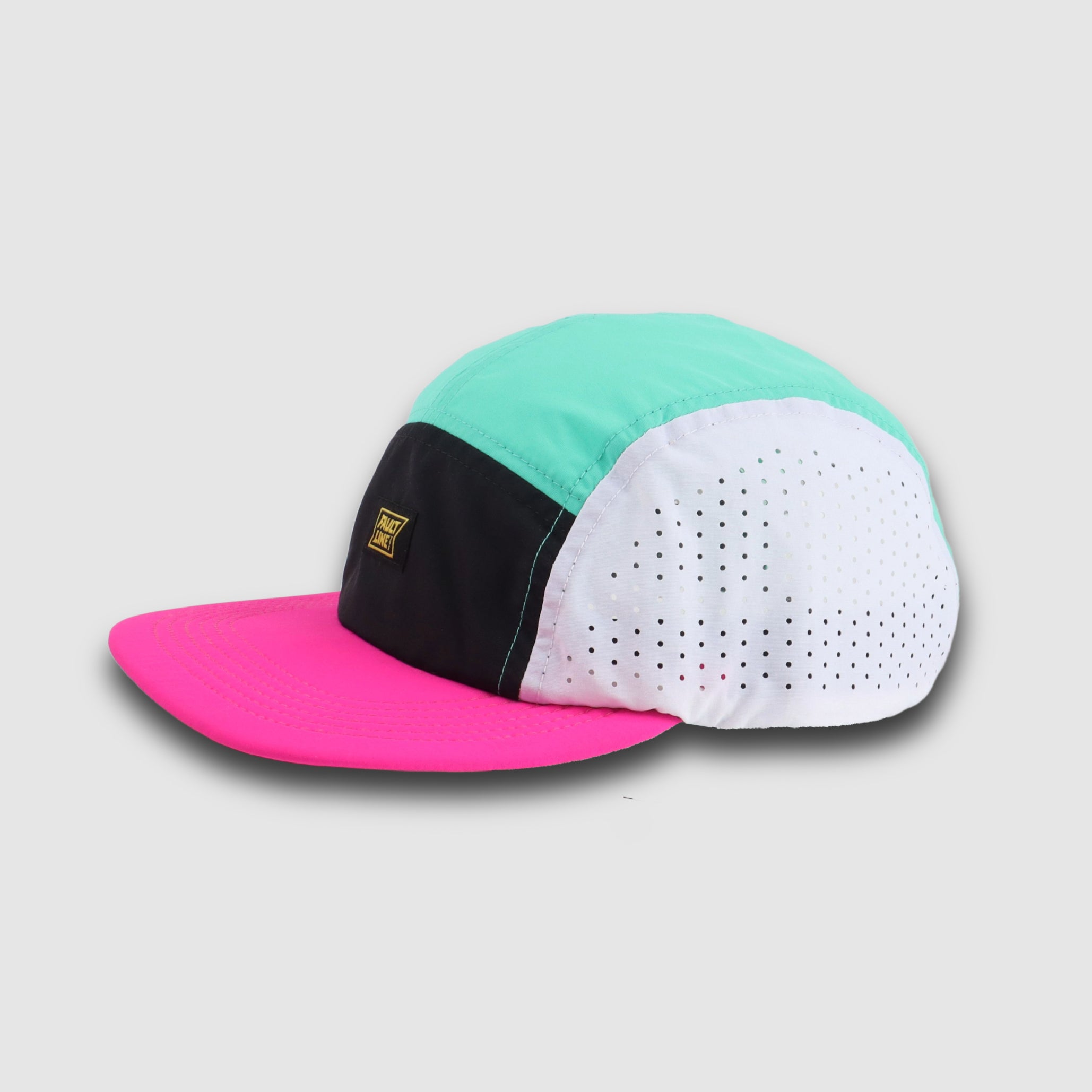 Faultline395 crushable 5-panel camper hat in seafoam and fuchsia, featuring a lightweight, foldable design for outdoor wear.