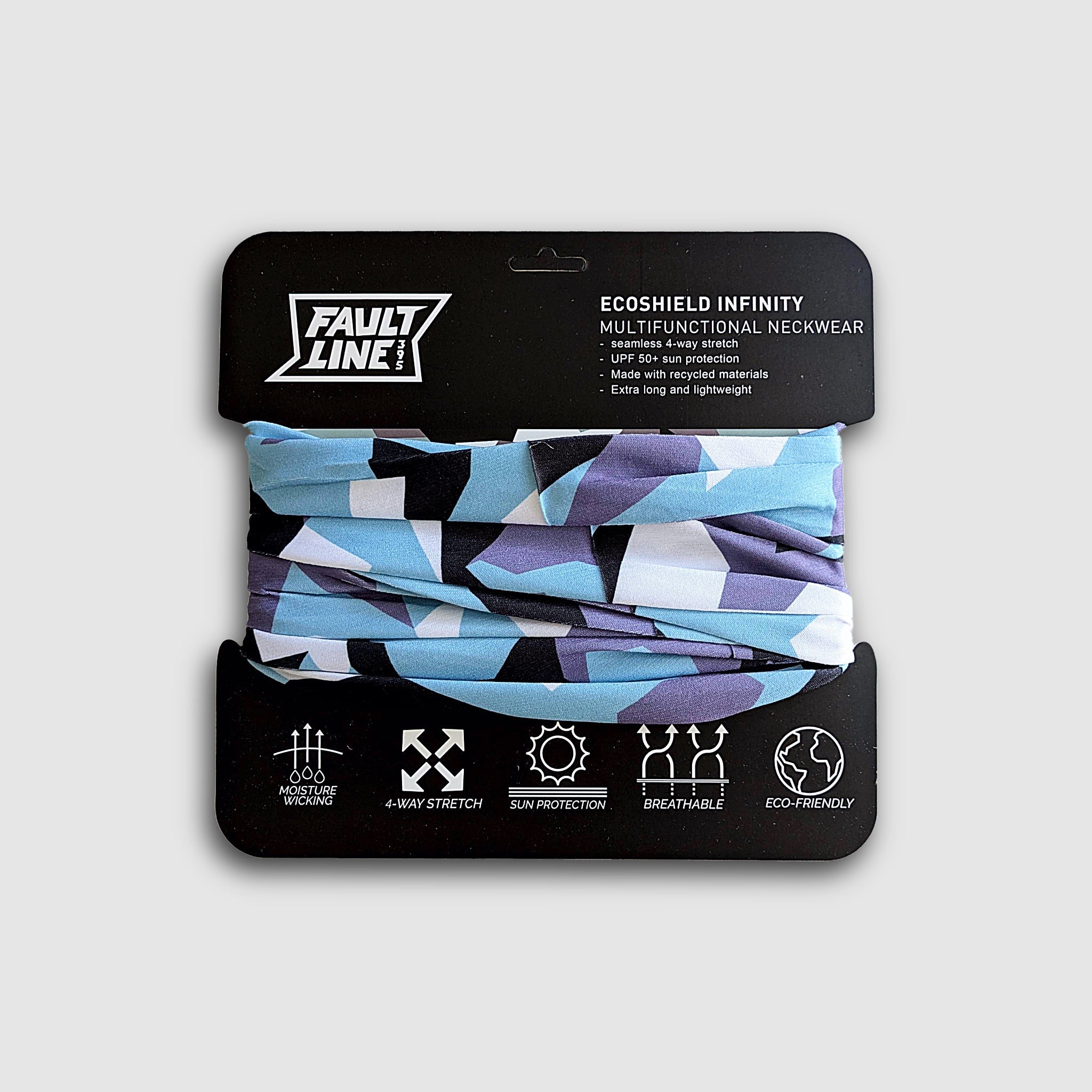 Faultline395 EcoShield Infinity Neck Gaiter in Glacier Camo pattern, lightweight and versatile neck covering for outdoor use.