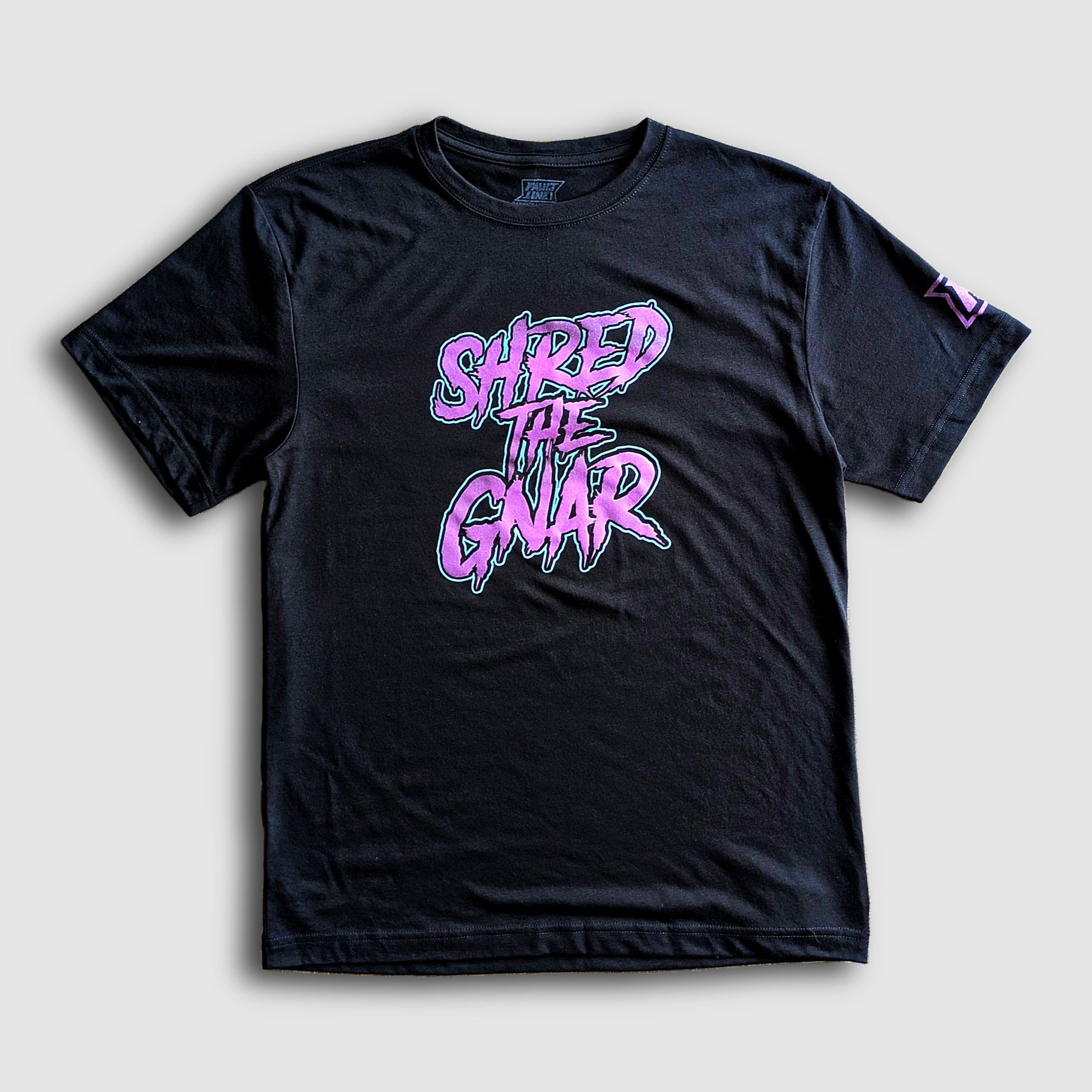Black Faultline395 Shred the Gnar sustainable T-shirt with graphic design, casual fit, and eco-friendly fabric.