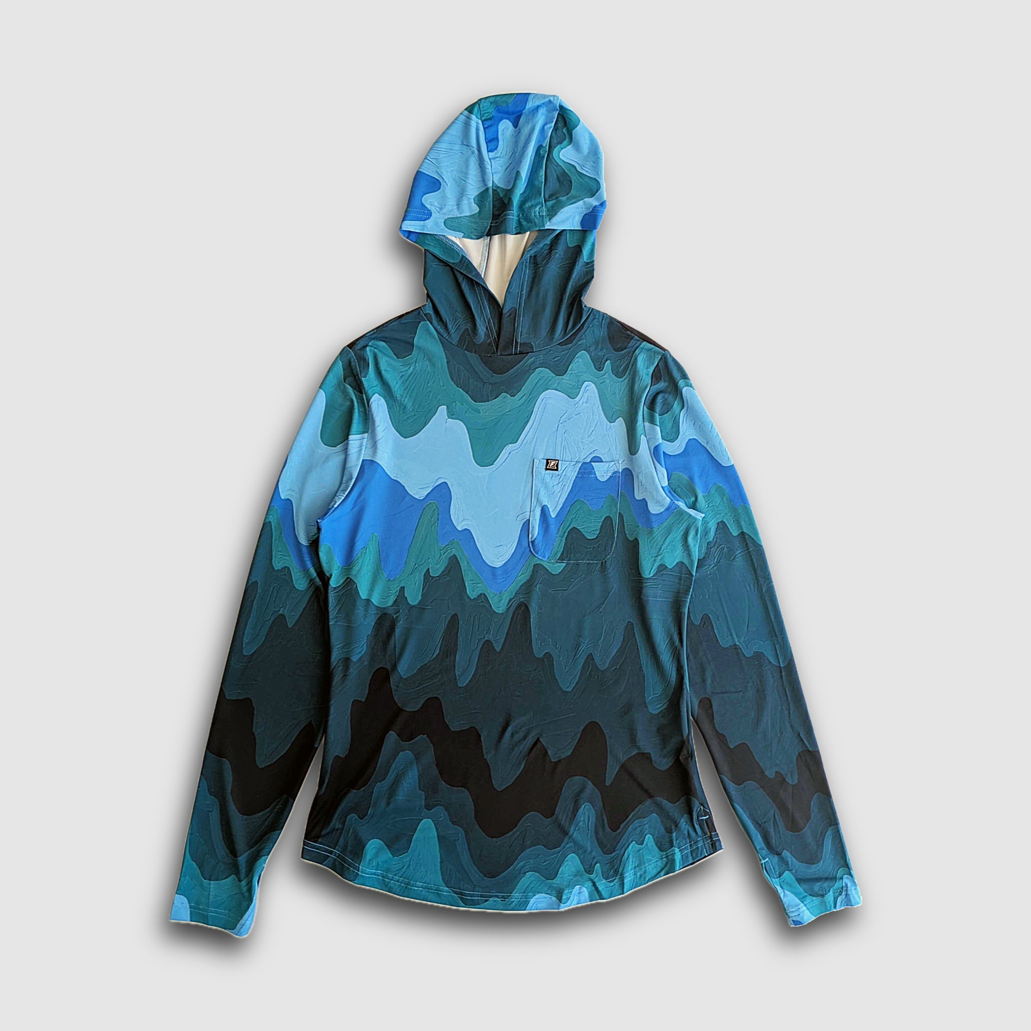Women's Faultline395 Carson Sun Hoodie with Mountain Waves print, featuring a hood and lightweight sun protection fabric.