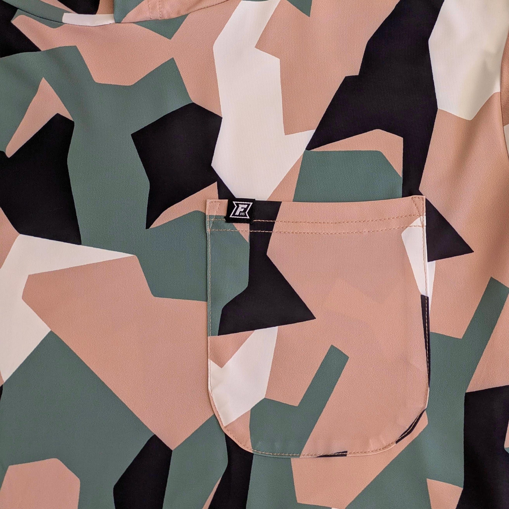 Faultline395 Carson Sun Hoodie in tan, green, and black with Swedish camo pattern, lightweight outdoor hoodie for sun protection.