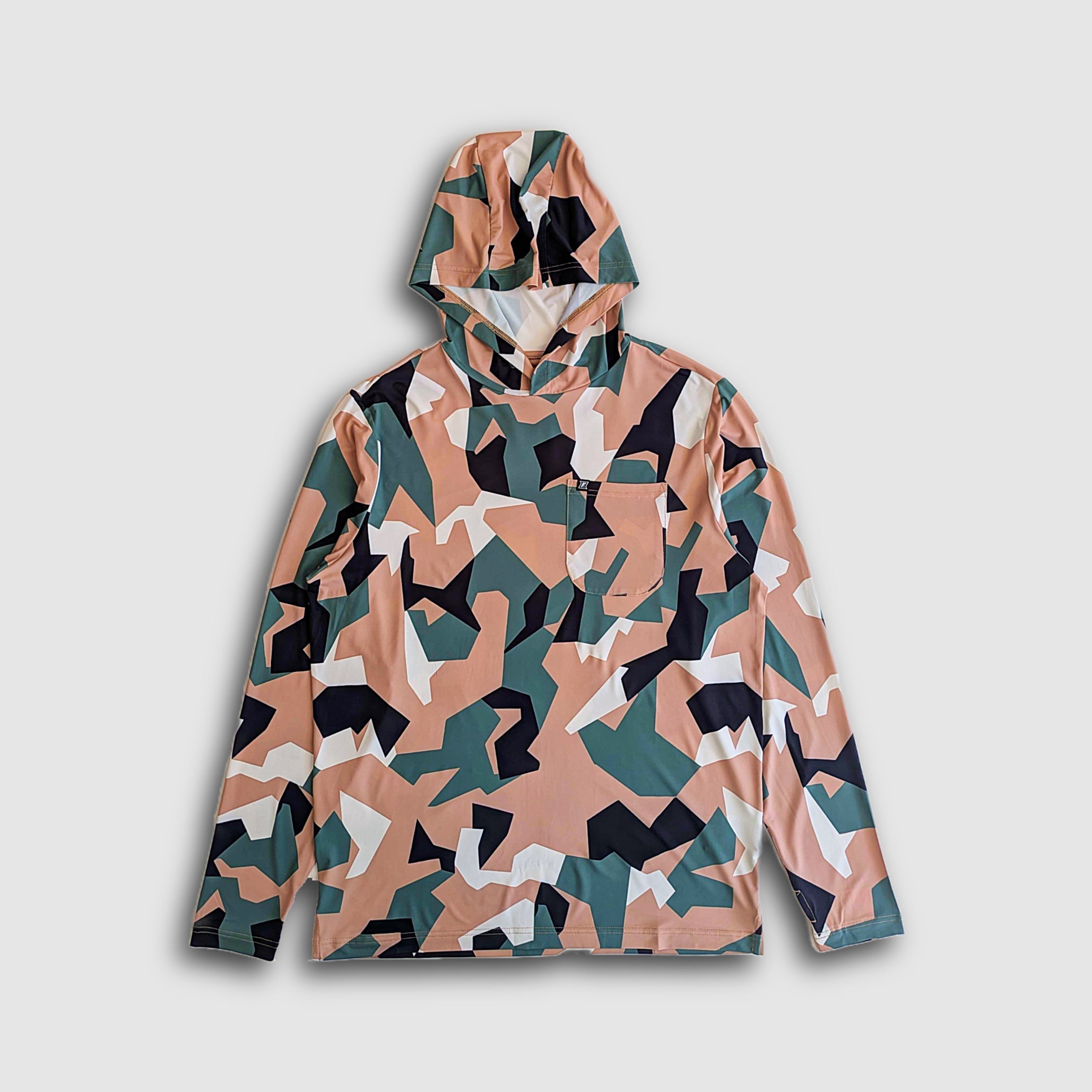 Faultline395 Carson Sun Hoodie in tan, green, and black with Swedish camo print, lightweight sun protection and casual style.