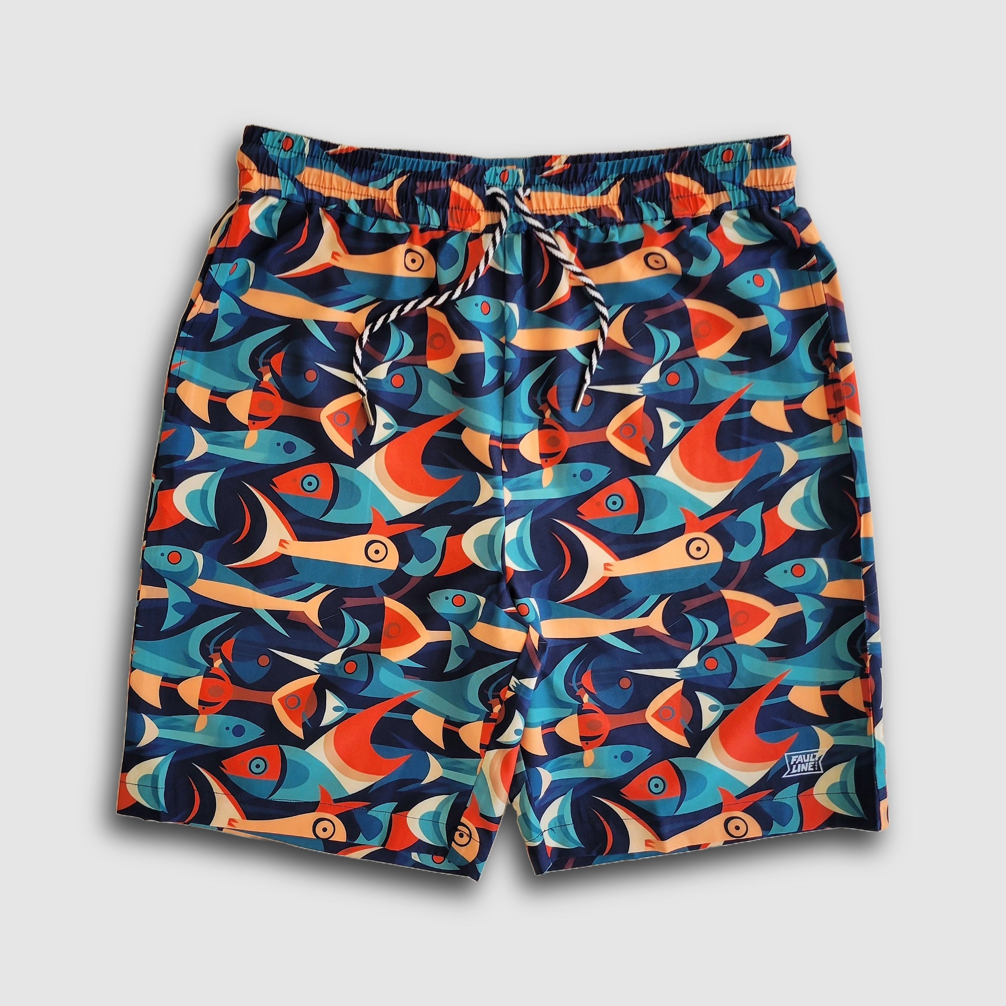 Faultline395 Crowley Stretch Shorts with fish decorative design, lightweight and comfortable casual shorts for warm weather.