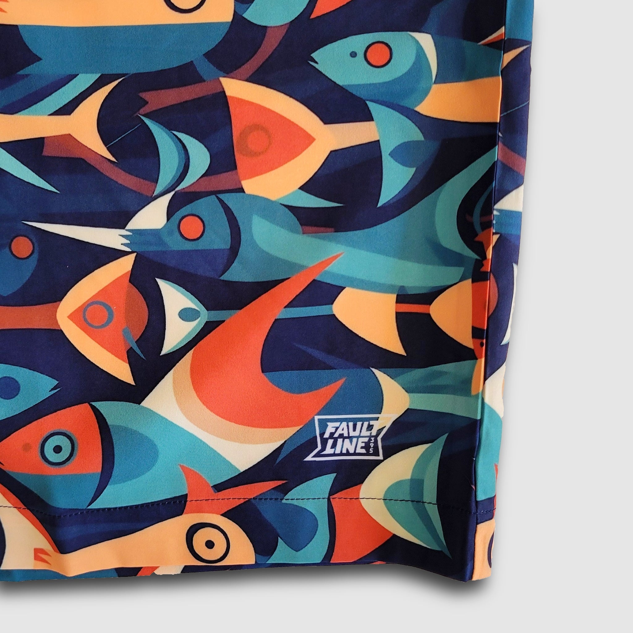Faultline395 Crowley Stretch Shorts with fish decorative print, casual summer shorts for men, showing the colorful fish design.