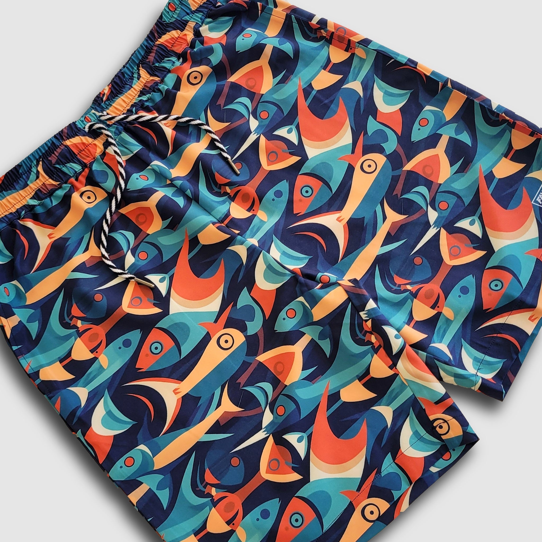 Faultline395 Crowley Stretch Shorts with Fish Deco pattern, casual men's shorts made from stretchy fabric for comfort.