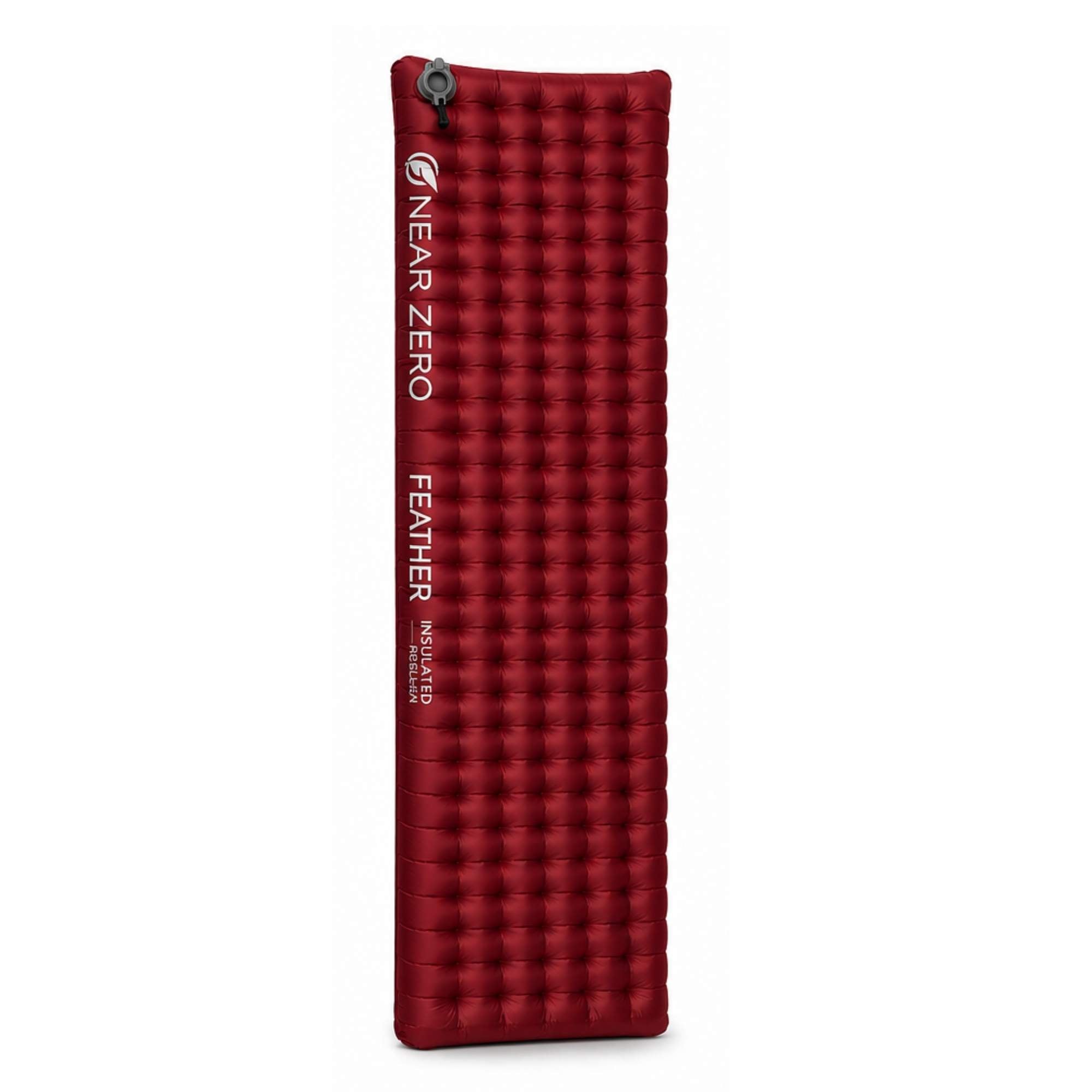 Red insulated inflatable sleeping pad by Near Zero Outdoor Gear, showing its compact, lightweight design for outdoor camping.