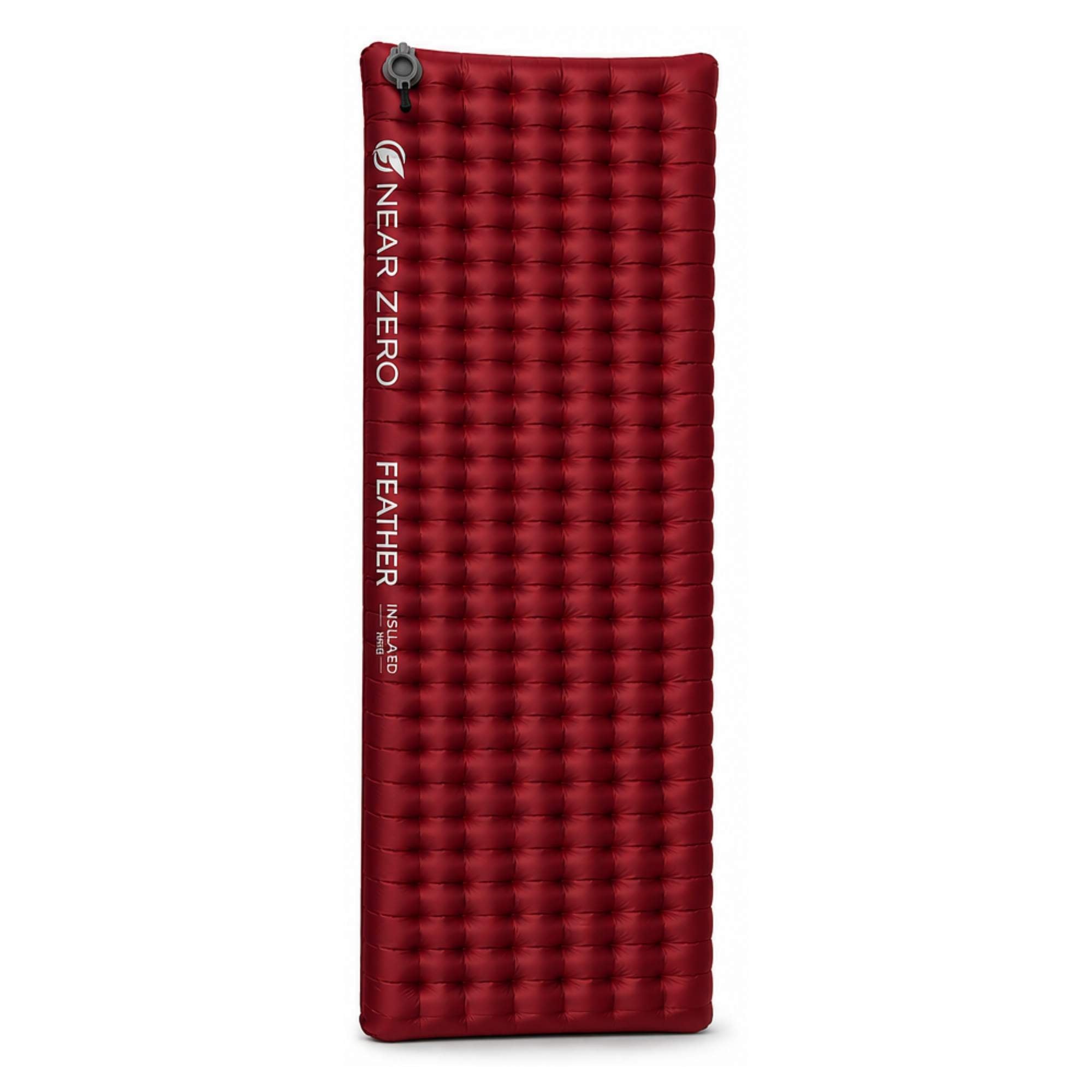 Red insulated inflatable sleeping pad by Near Zero Outdoor Gear, featuring a wide design for comfortable outdoor sleeping.