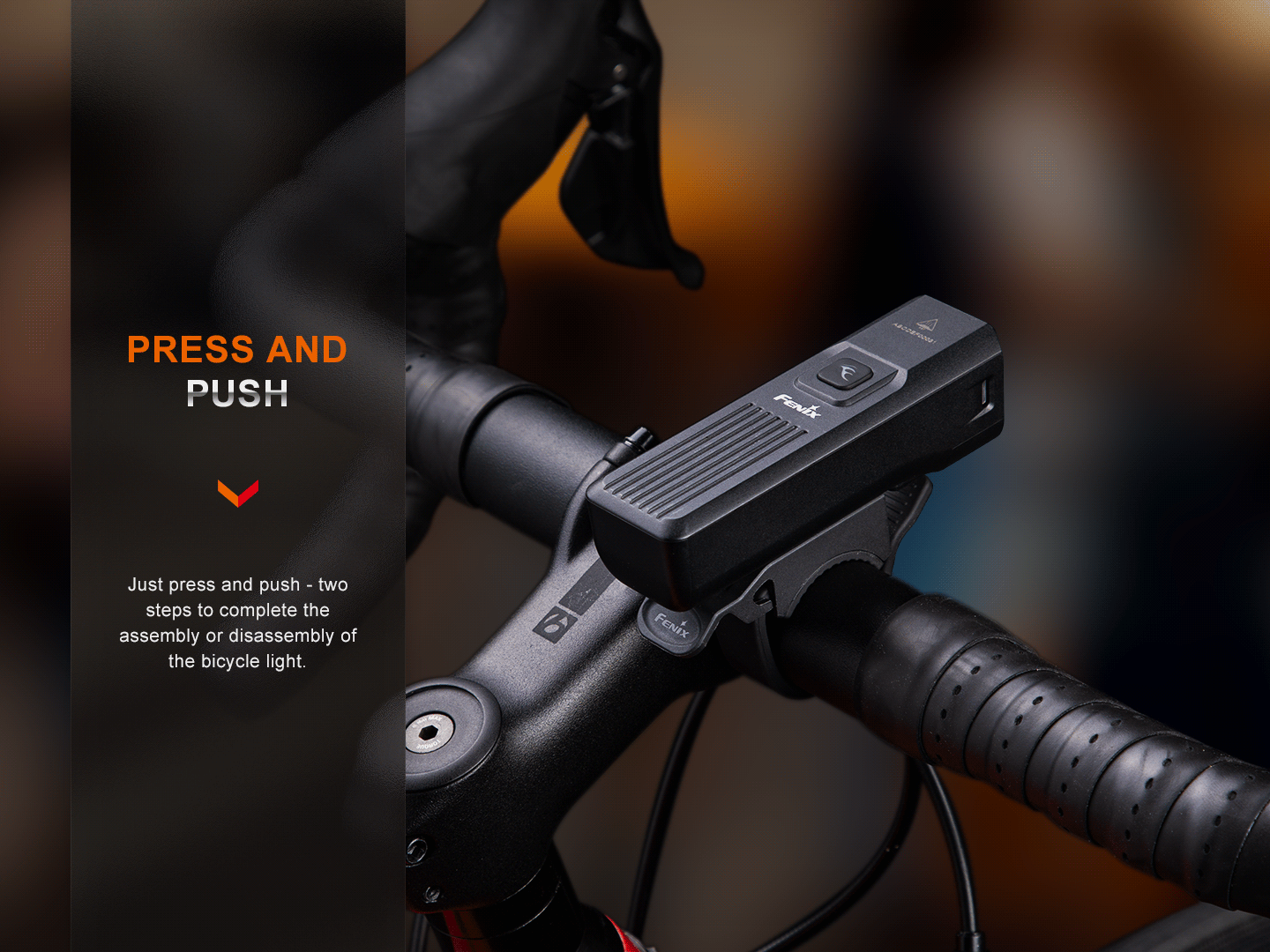Fenix BC15R lightweight rechargeable bike light attached to a bicycle, highlighting its compact design and bright illumination.