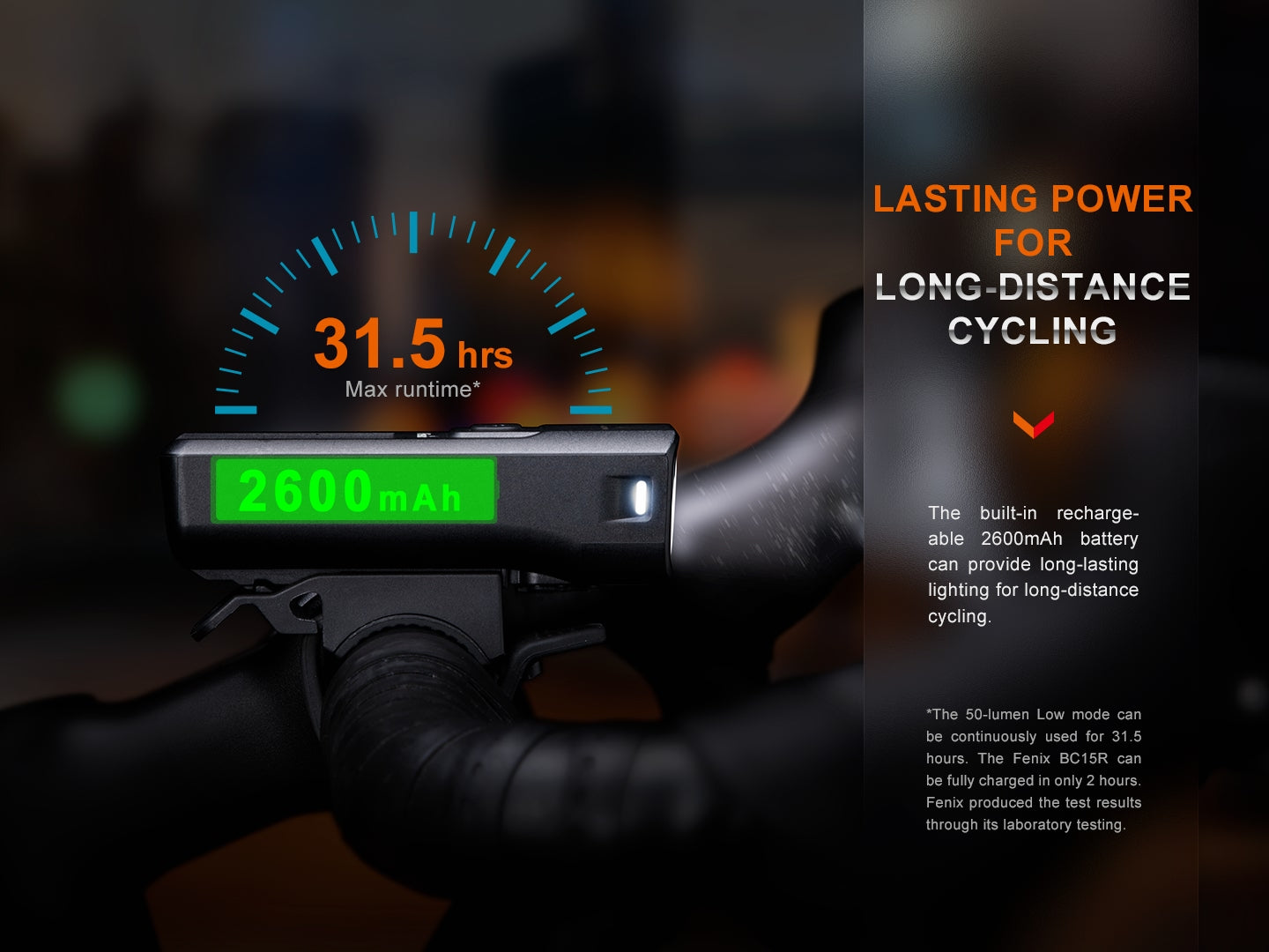 Fenix BC15R rechargeable bike light showcasing its lightweight design and battery for cycling visibility.