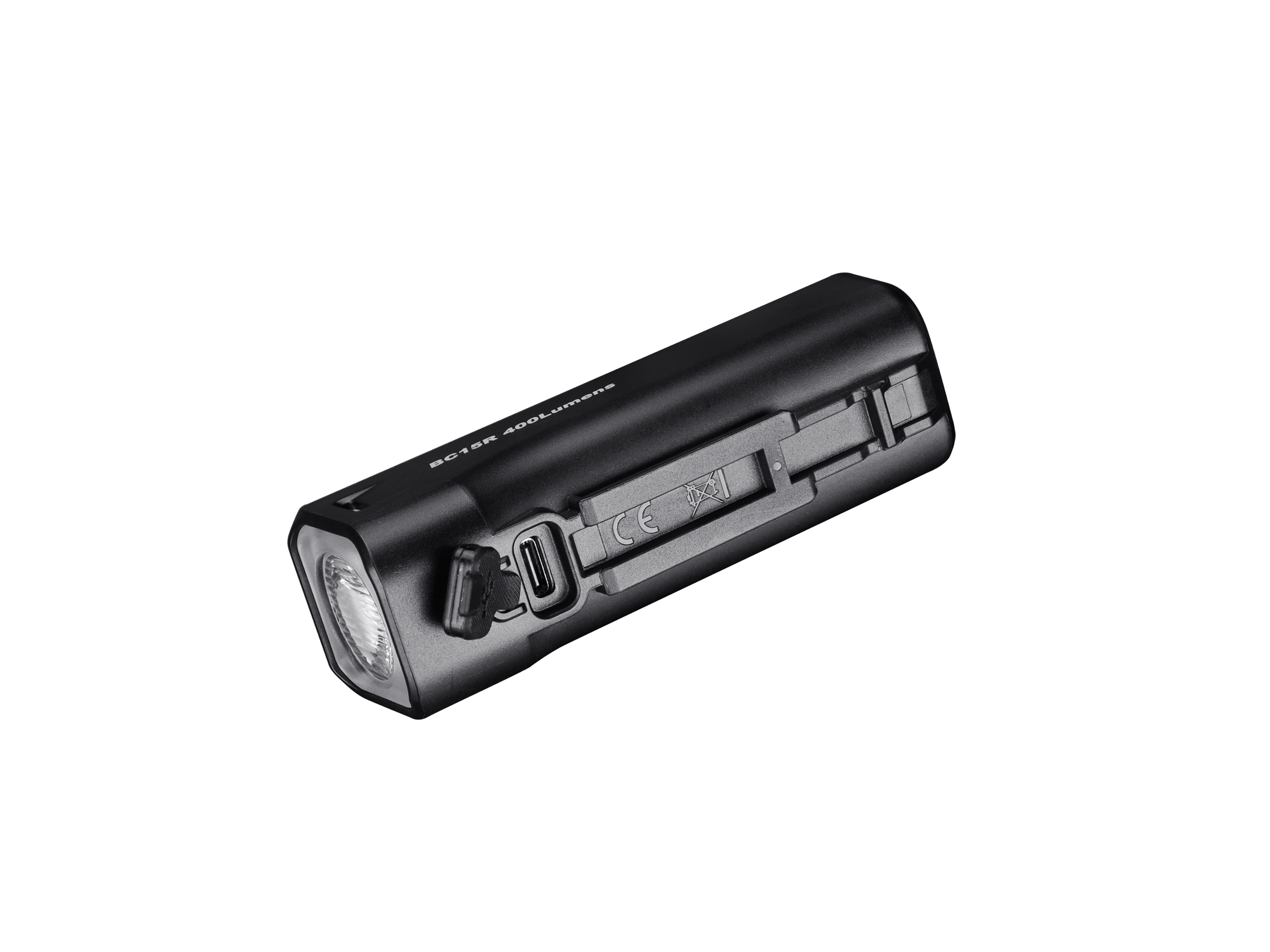 Fenix BC15R rechargeable bike light with a lightweight design, showcasing the bottom view and mounting features.