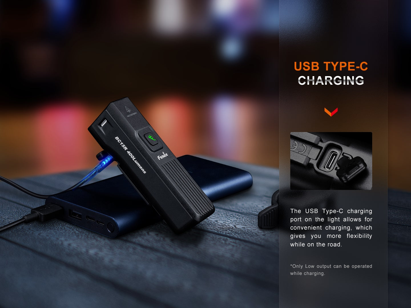 Fenix BC15R rechargeable bicycle light charging with visible power indicator and compact design.