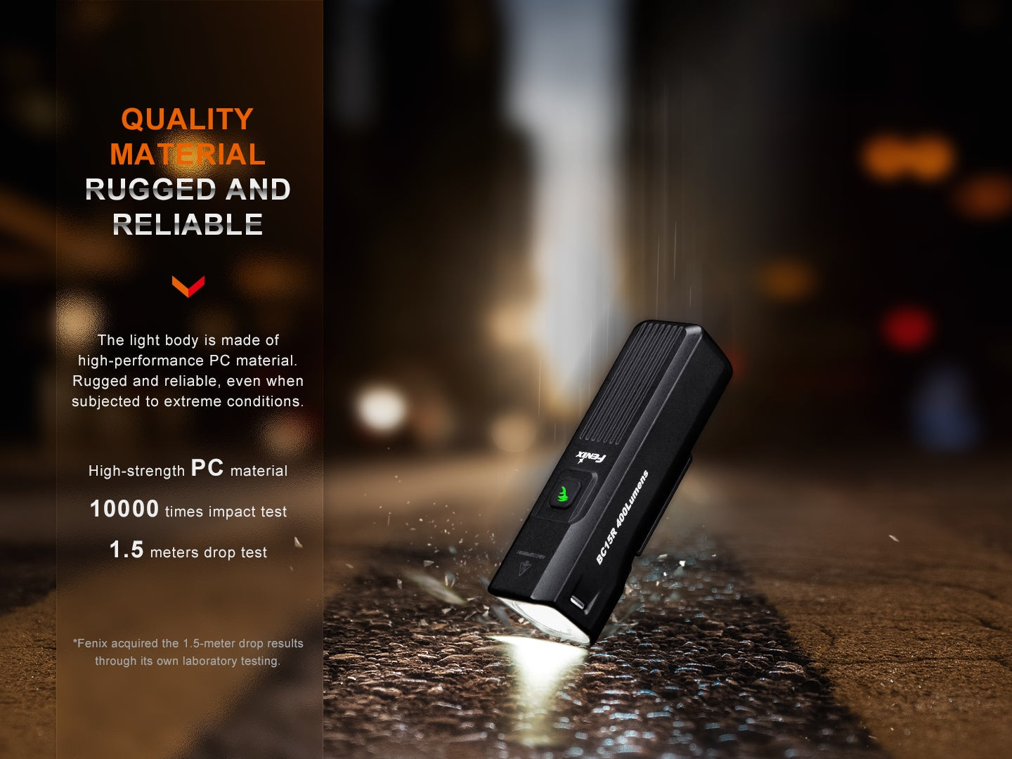 Lightweight Fenix BC15R rechargeable bike light with a sleek design, mounted on a bicycle for nighttime visibility.