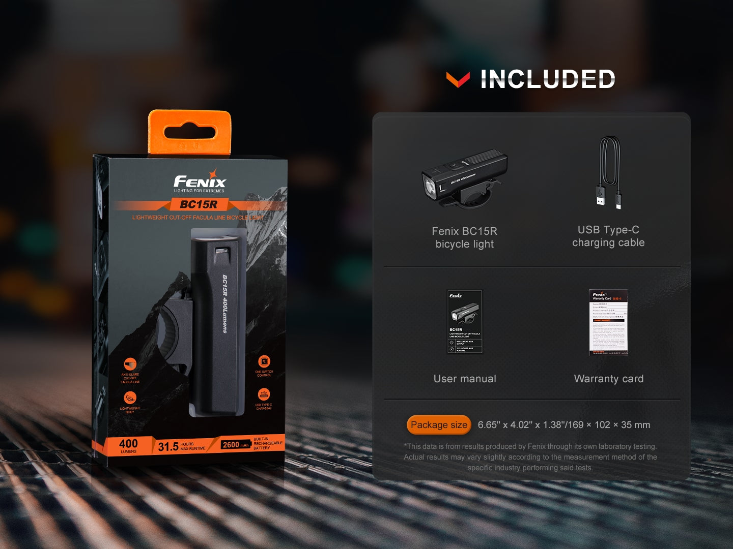 Fenix BC15R rechargeable bike light mounted on a bicycle, showcasing its compact design and bright illumination features.