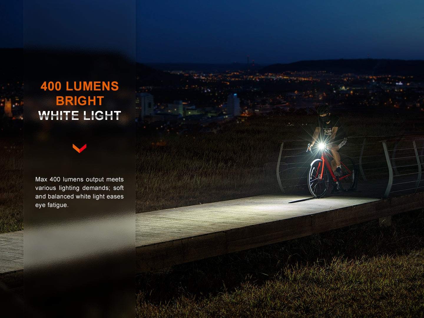 Fenix BC15R rechargeable bike light with bright lumens, showcasing its compact design and mounting features.