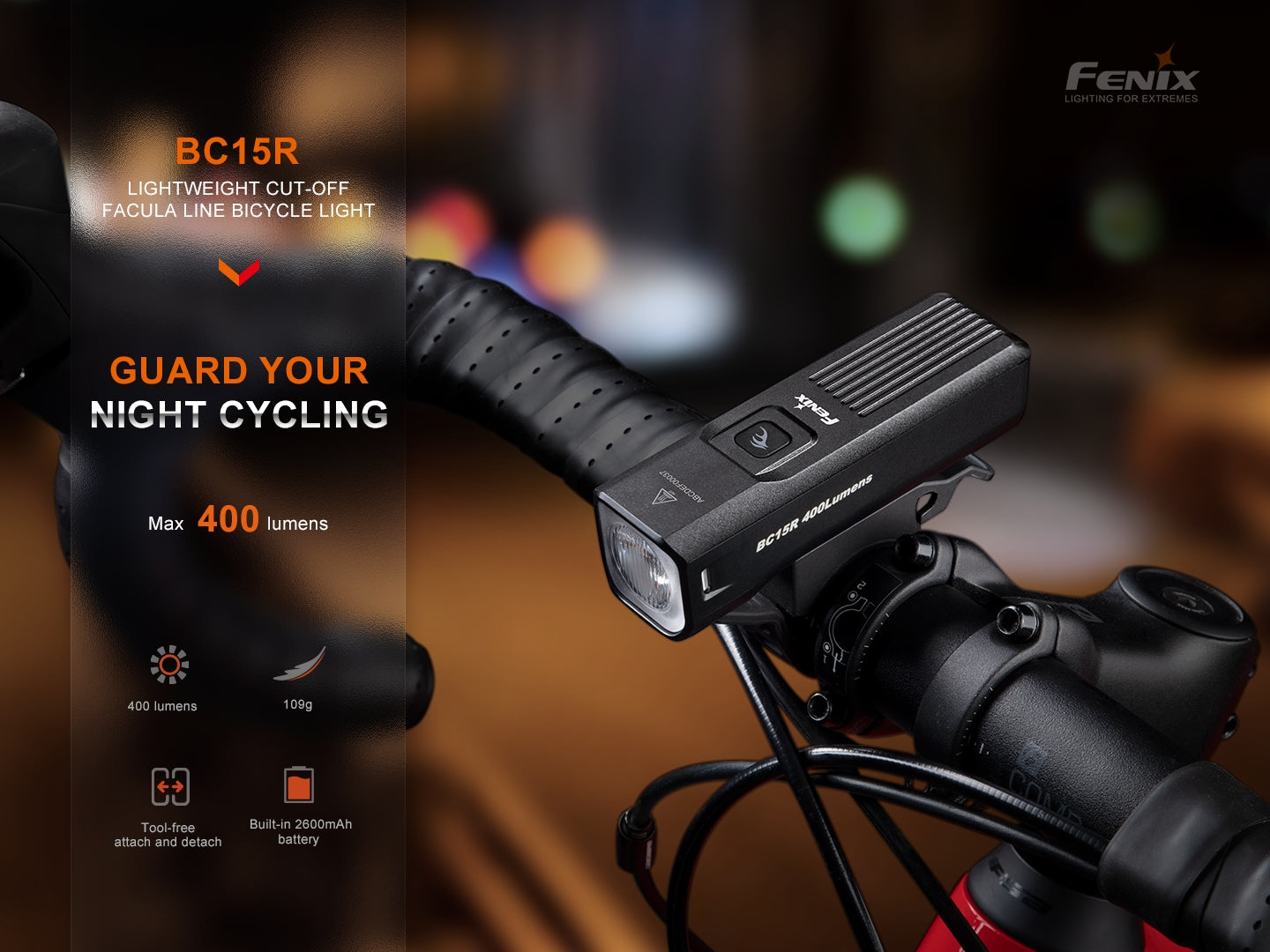 Fenix BC15R lightweight rechargeable bike light with a sleek design and bright illumination for cycling at night.