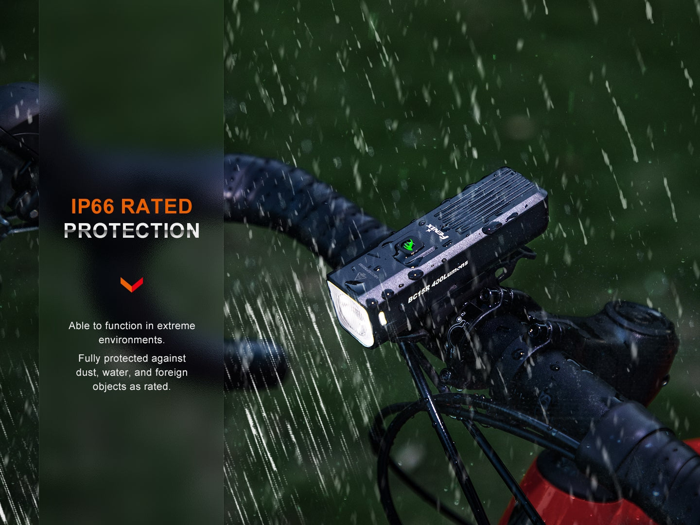 Fenix BC15R rechargeable bike light illuminating a path in the rain, showcasing its lightweight design and bright beam.