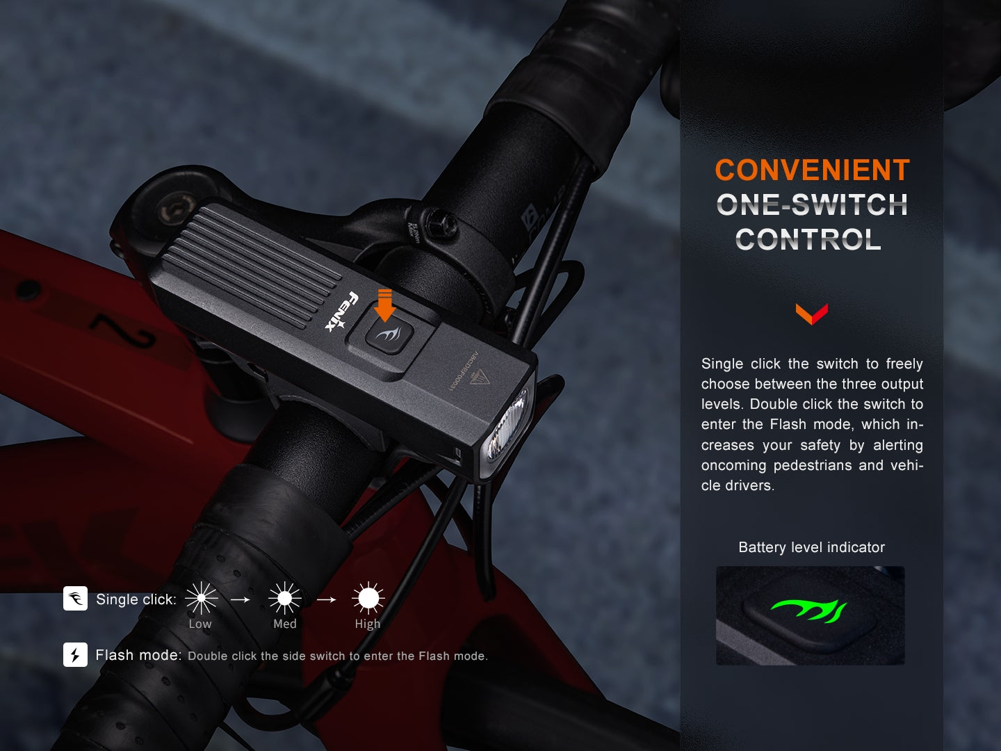 Fenix BC15R rechargeable bike light showing the power switch and lightweight design for night cycling.