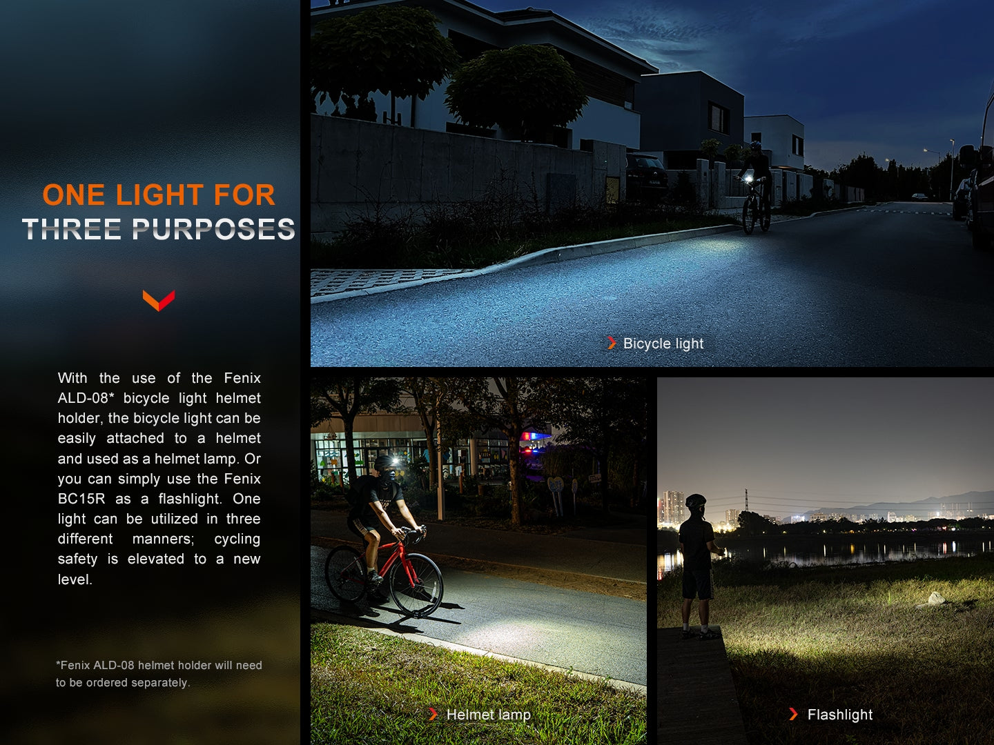 Fenix BC15R rechargeable bike light mounted on a bicycle during nighttime riding for enhanced visibility.