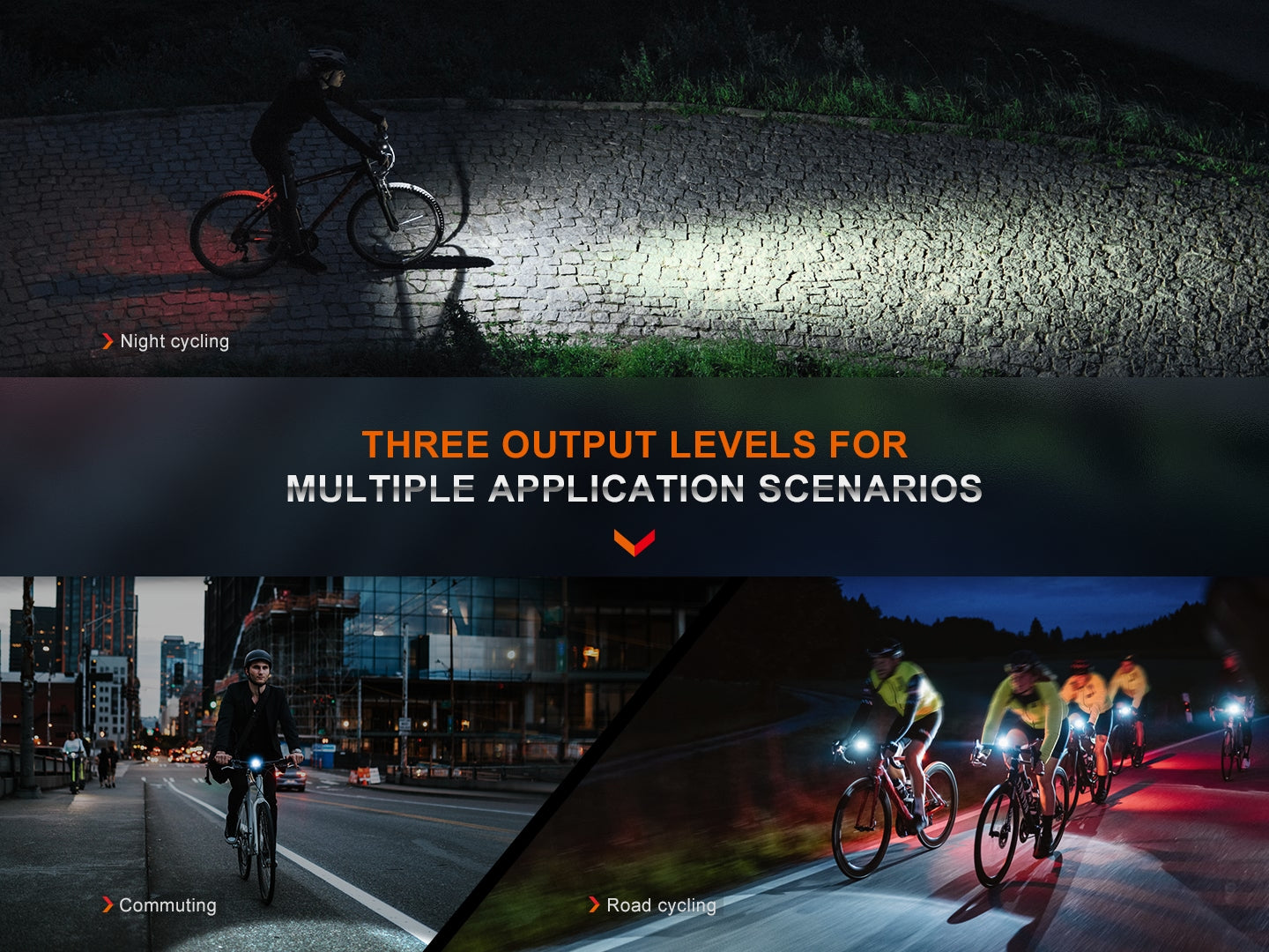 Fenix BC15R lightweight rechargeable bike light mounted on a bicycle, illuminating a path for night riding.