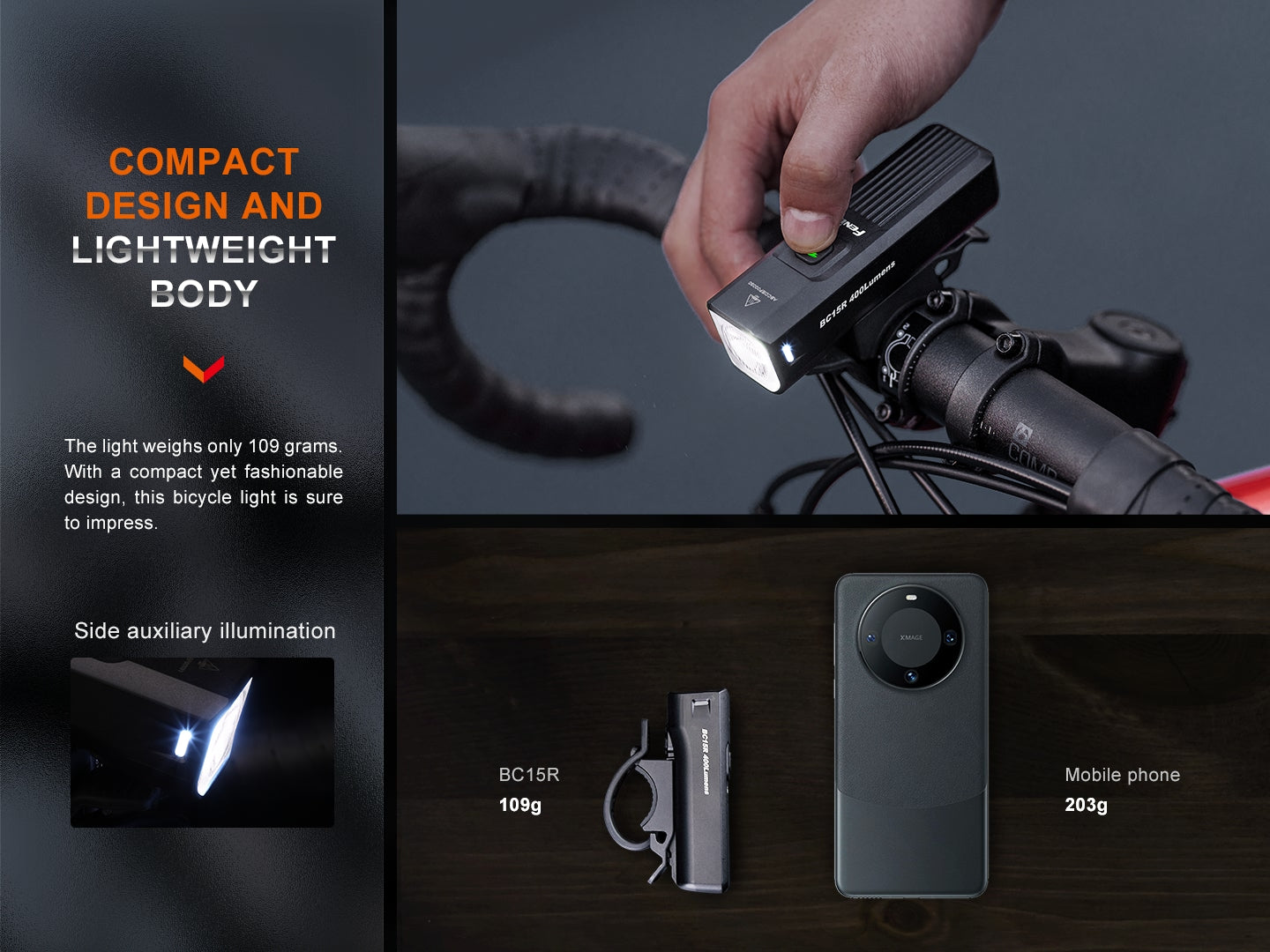 Lightweight Fenix BC15R rechargeable bike light with a sleek design, mounted on a bicycle handlebar.