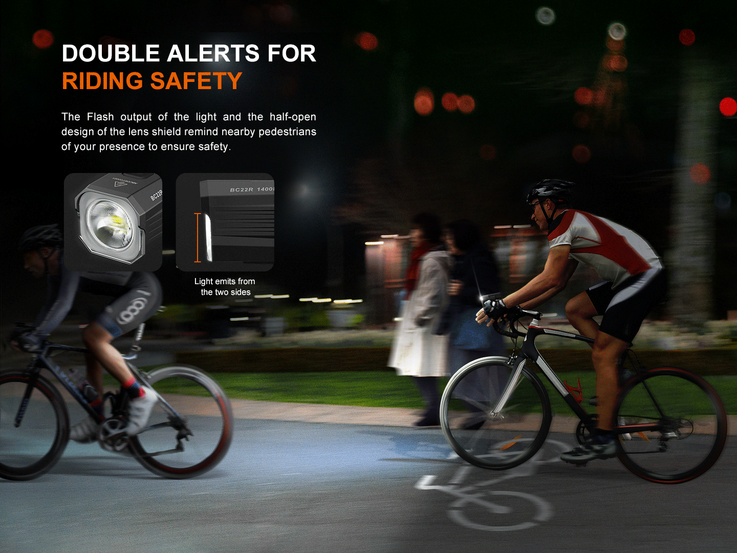 Fenix BC22R bike light illuminating a road, showcasing its bright LED features and compact design for cyclists.