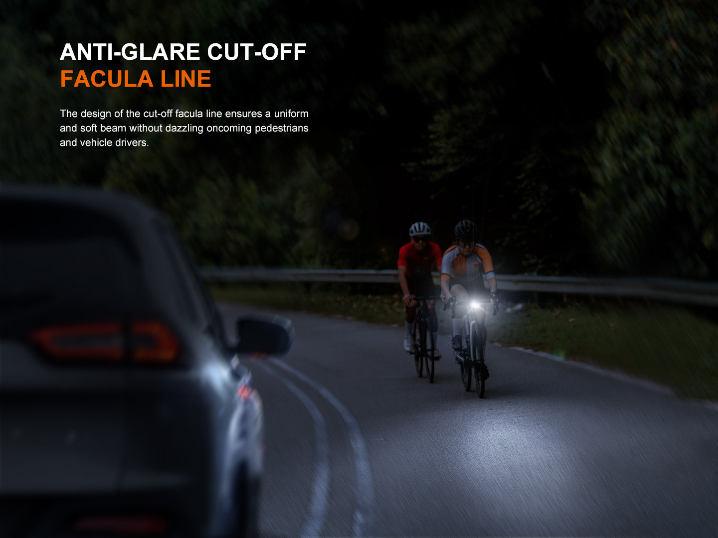 Fenix BC22R high-performance bike light with anti-glare design, mounted on a road bike for nighttime visibility.